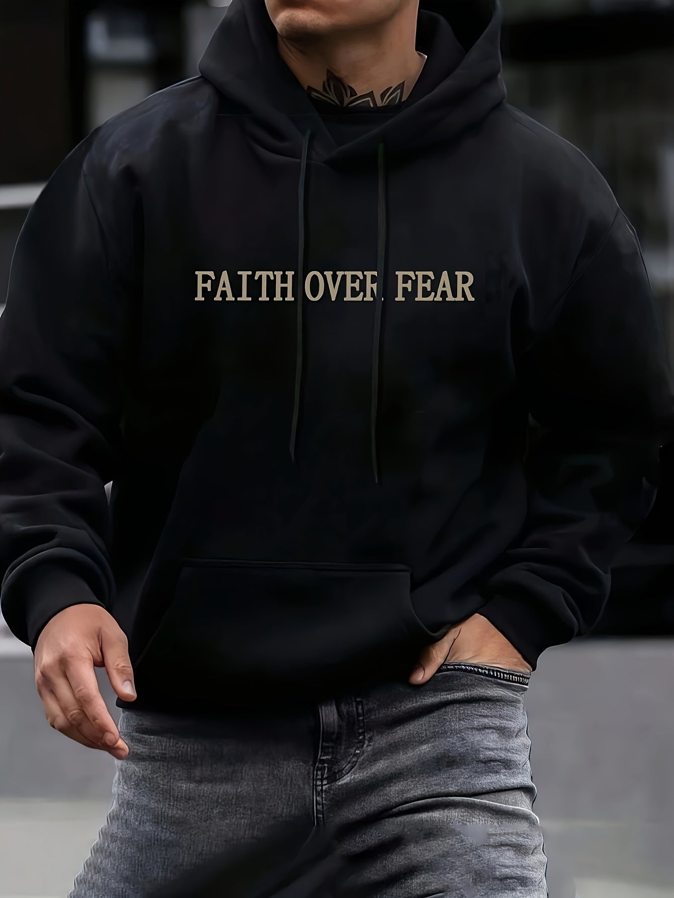 Men's Casual Fleece-Lined Hoodie with Letter Print - Cozy Pullover Sweatshirt, Kangaroo Pocket, Long Sleeve, Polyester Blend