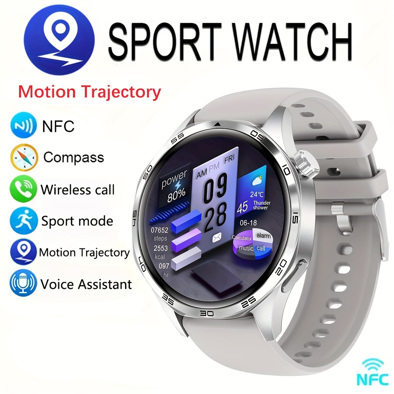 New Watch 5 Pro Smartwatch With 1.53-inch High-definition Screen, Voice Calling, Wireless Calling, NFC Access Control, Outdoor Sports Trajectory Smartwatch With Voice Assistant, Compass, Pedometer, Suitable For Android/iPhone