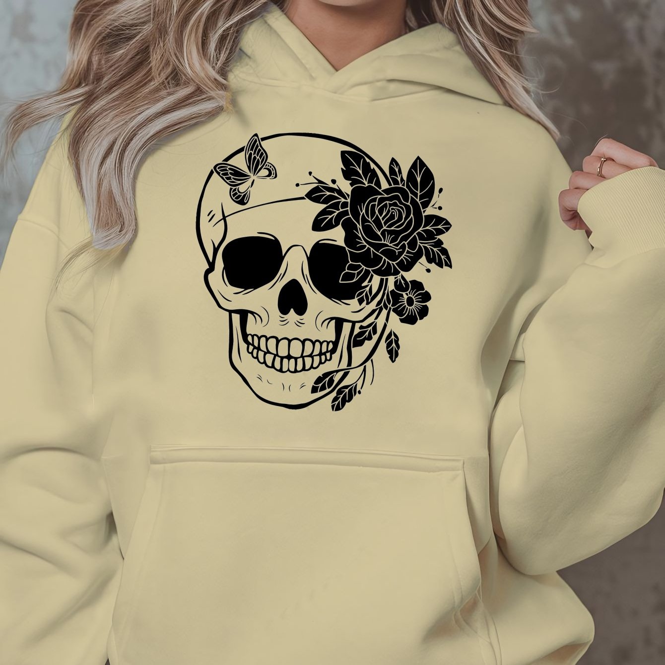 1pc Women'S Plus Size Casual Hoodie with Floral Skull Print, Polyester Knit Sweatshirt, Long Sleeve Pullover with Pockets, Letter Pattern, Round Neck Hooded Top, with Autumn/Winter Fashion