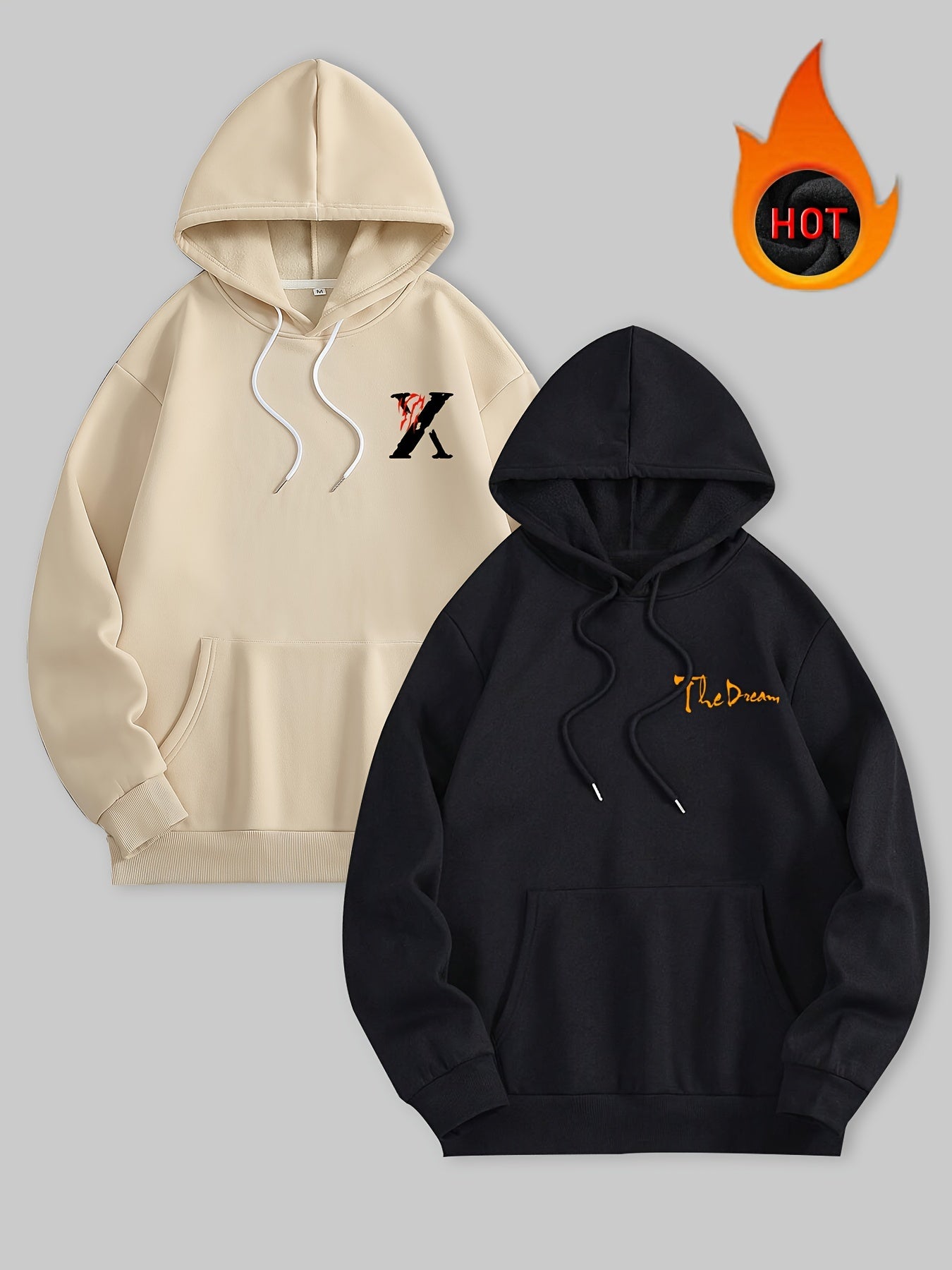 Men's Sweatshirt with Velvet Hooded 2pcs Set, Casual and Versatile Plaster Man Pattern Printed Pocket Sweatshirt