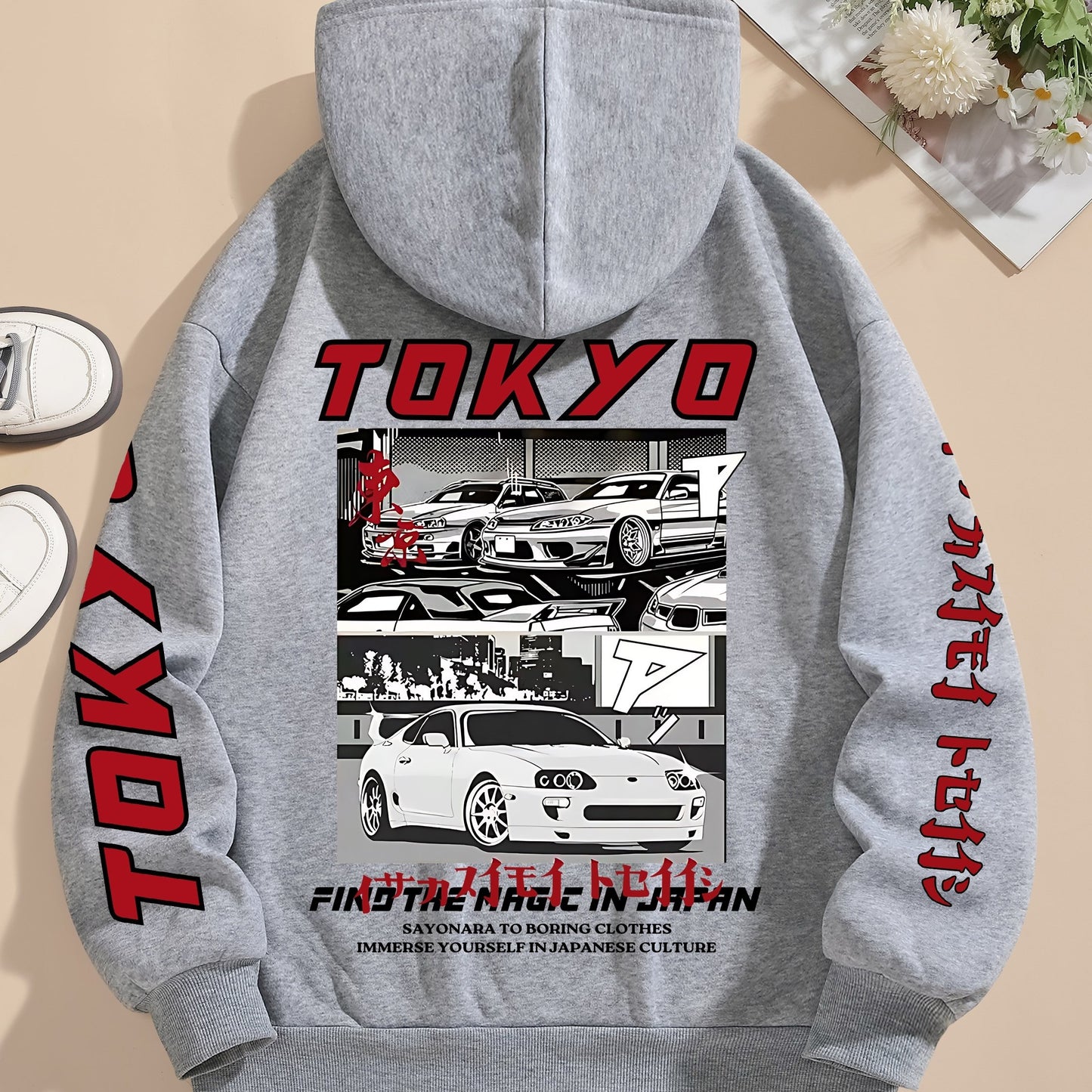Tokyo Graphic Print Casual Hoodie for Women - 100% Polyester Knit Fabric with Drawstring Hood, Geometric Pattern, All-Season Comfort