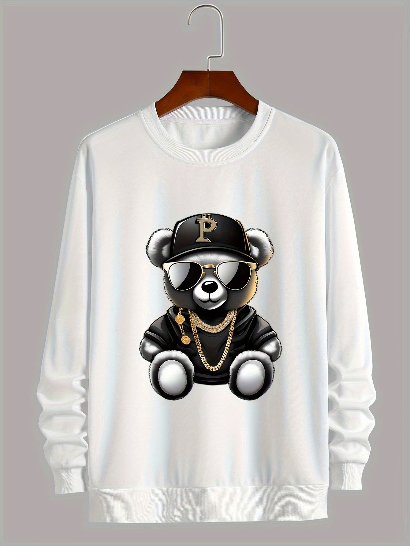 Men's Casual Long Sleeve Crew Neck Sweatshirt with Cool Bear Print - Soft Polyester Blend, Perfect for Fall & Winter