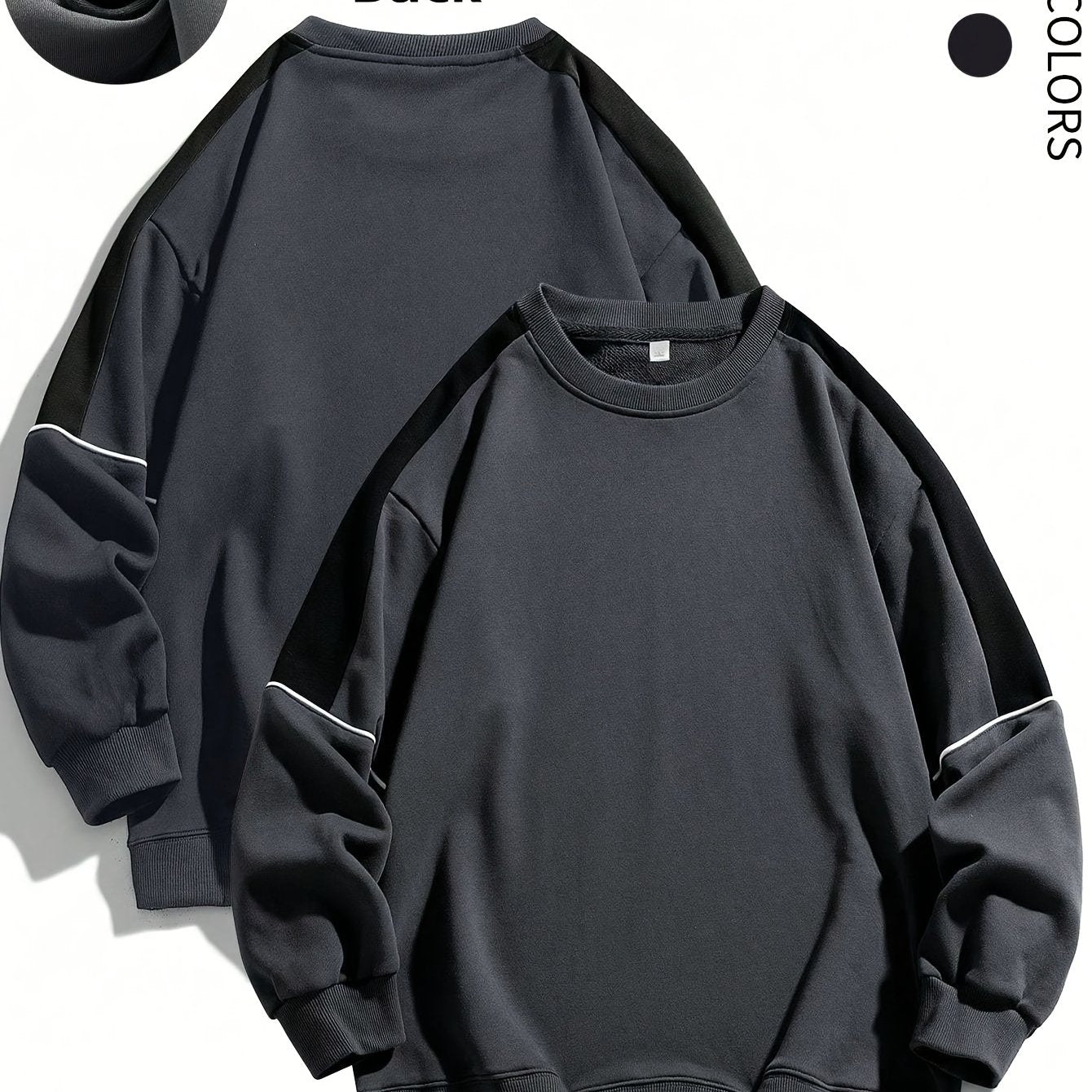 1pc Men'S Fashion Color Block Crew Neck Sweatshirt, Casual High-Weight Long Sleeve Pullover with Contrast Shoulder Sleeves, 100% Polyester Jersey Knit Fabric, Regular Fit