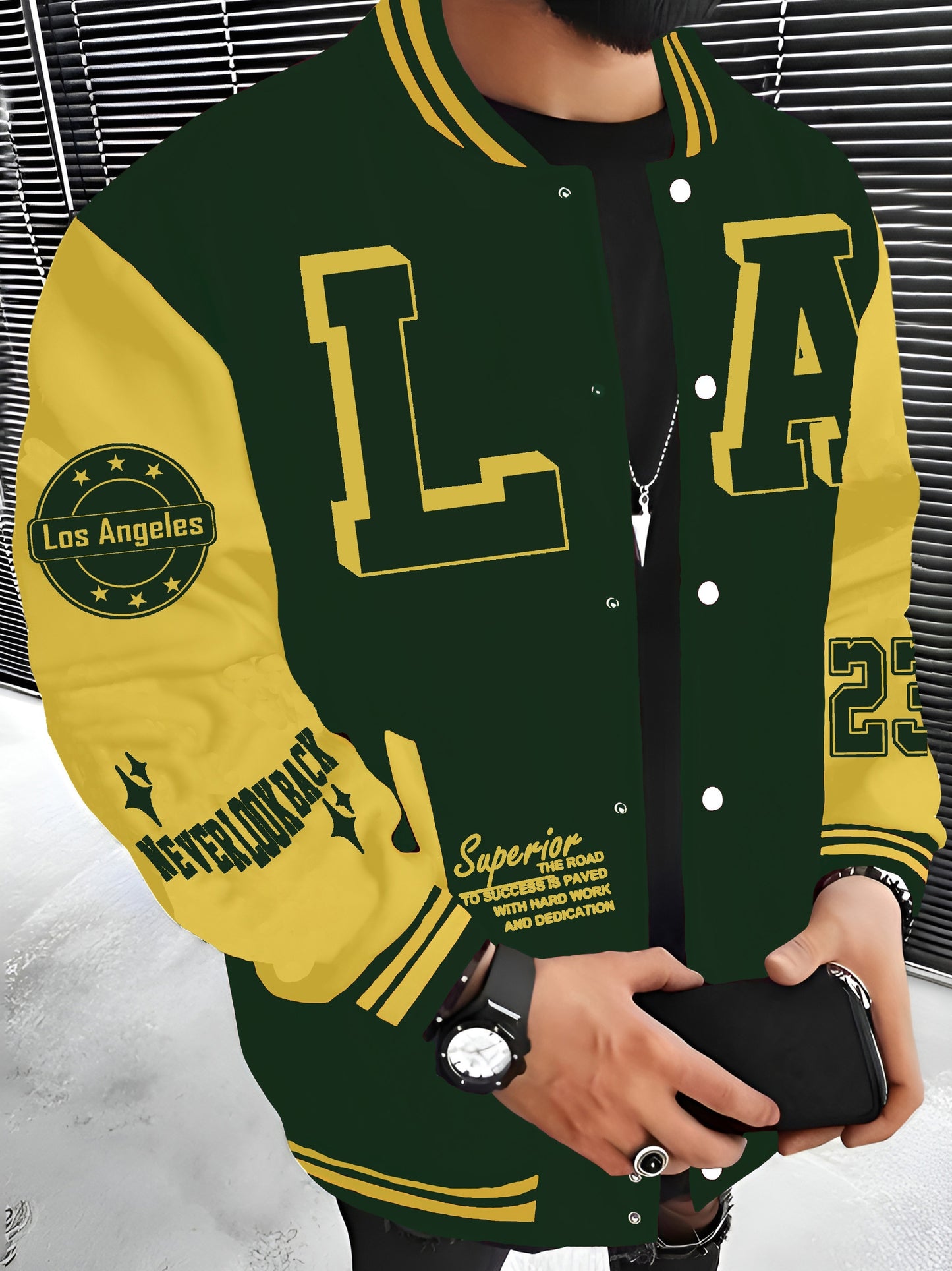 Los Angeles LA Fashion Baseball Jacket for Men - Lightweight, Warm Varsity Coat with Pockets, Machine Washable, Polyester