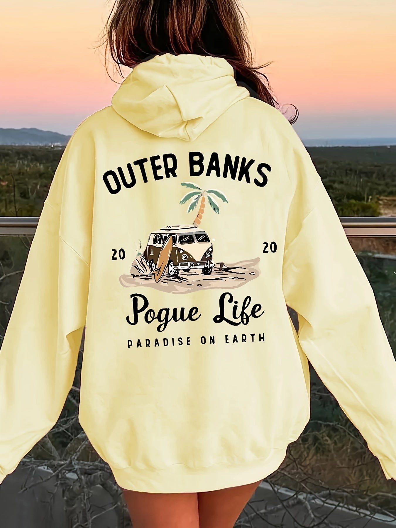 Funny Landscape & Letter Print Kangaroo Pocket Hoodie, Casual Long Sleeve Drawstring Hoodies Sweatshirt for Winter & Autumn, Women's Clothing, Oversized Hoodie