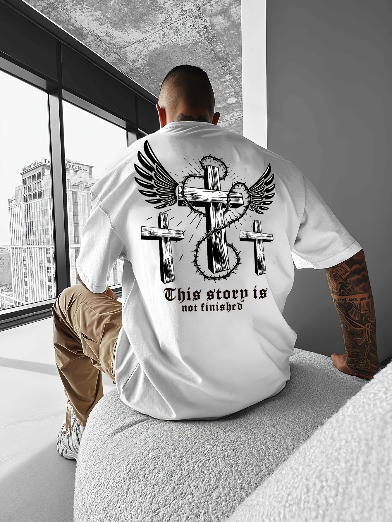 Y2K-Inspired Men's T-Shirt with Winged Cross Design - Casual Streetwear, Breathable Polyester, Summer Outdoor Fashion