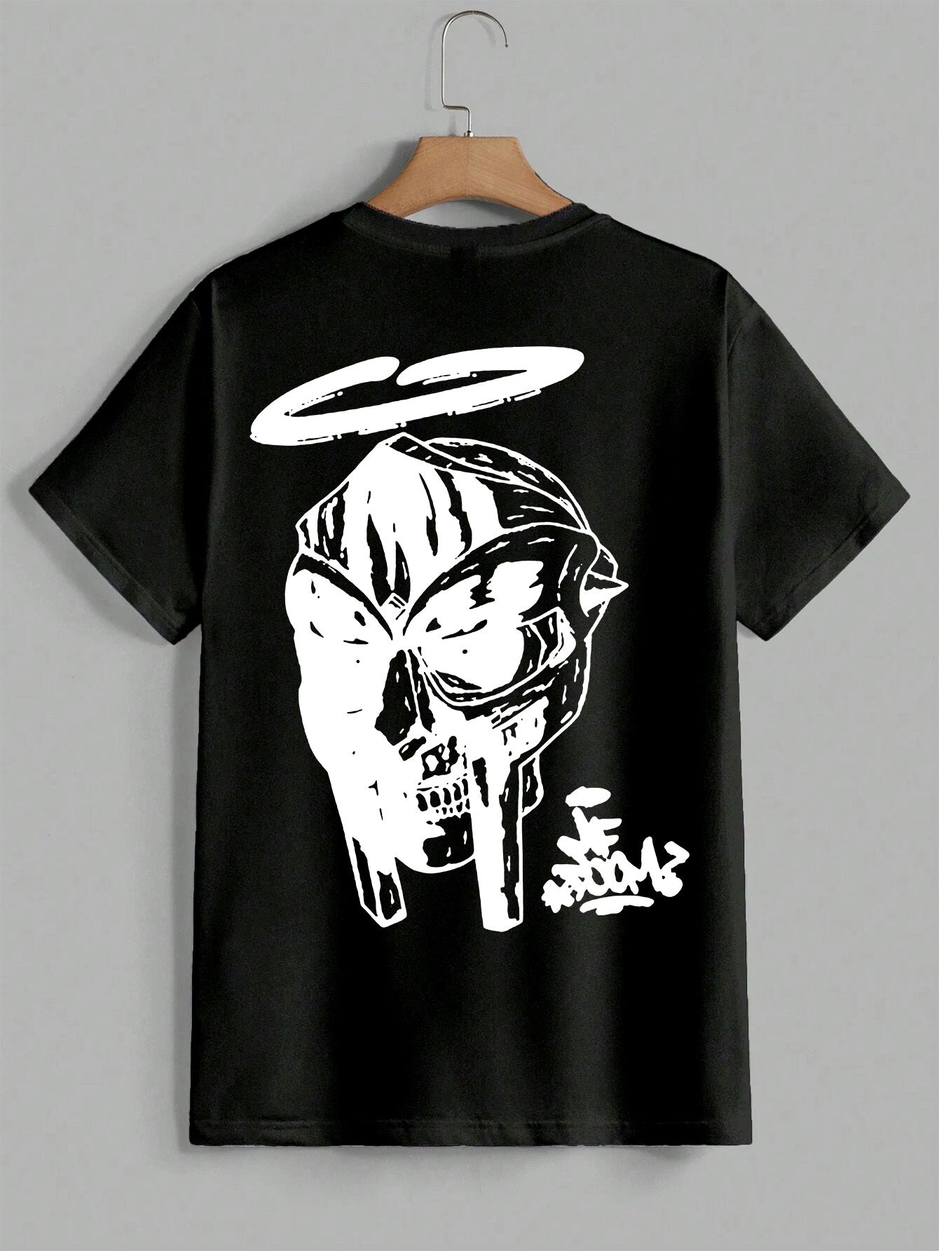 Men's Oversized MF DOOM Mask Graphic Tee - Casual Trendy Summer Black T-Shirt with White Print, 100% Polyester, Machine Washable, Vacation Style, H Version, Leisure Outing Occasion, Summer