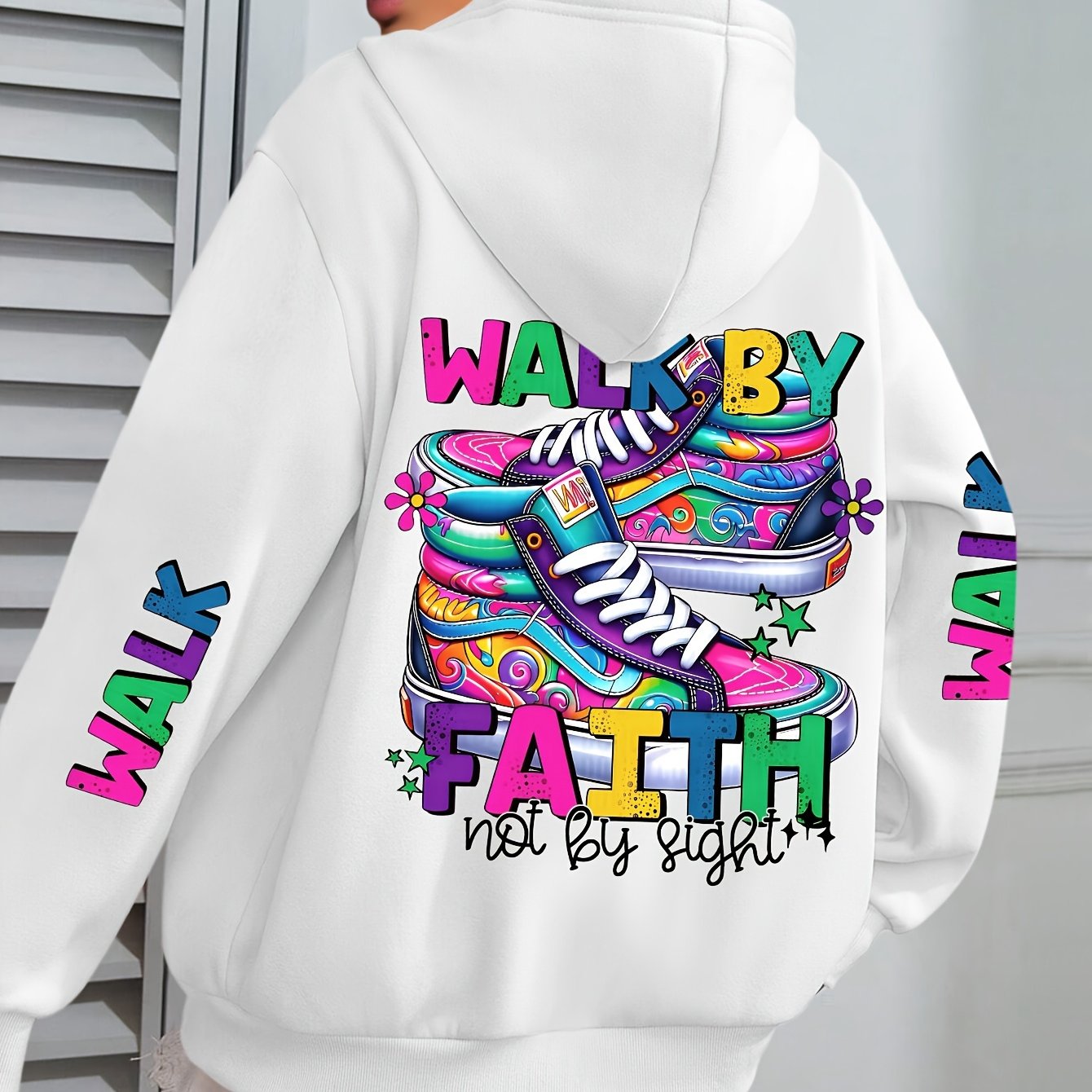 Plus Size Women's Hoodie with Colorful Walk Shoes Print - Casual Long Sleeve Pullover with Pocket, Cozy Polyester Hooded Sweatshirt for Fall & Winter, Fall Fashion Hoodie|Vibrant Shoe Design|Machine Washable Top
