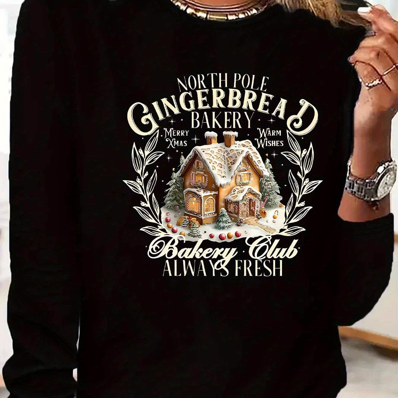 1pc Elegant North Pole Gingerbread House Graphic Long Sleeve T-Shirt, Crew Neck Polyester Knit Fabric, Casual Streetwear for All Seasons