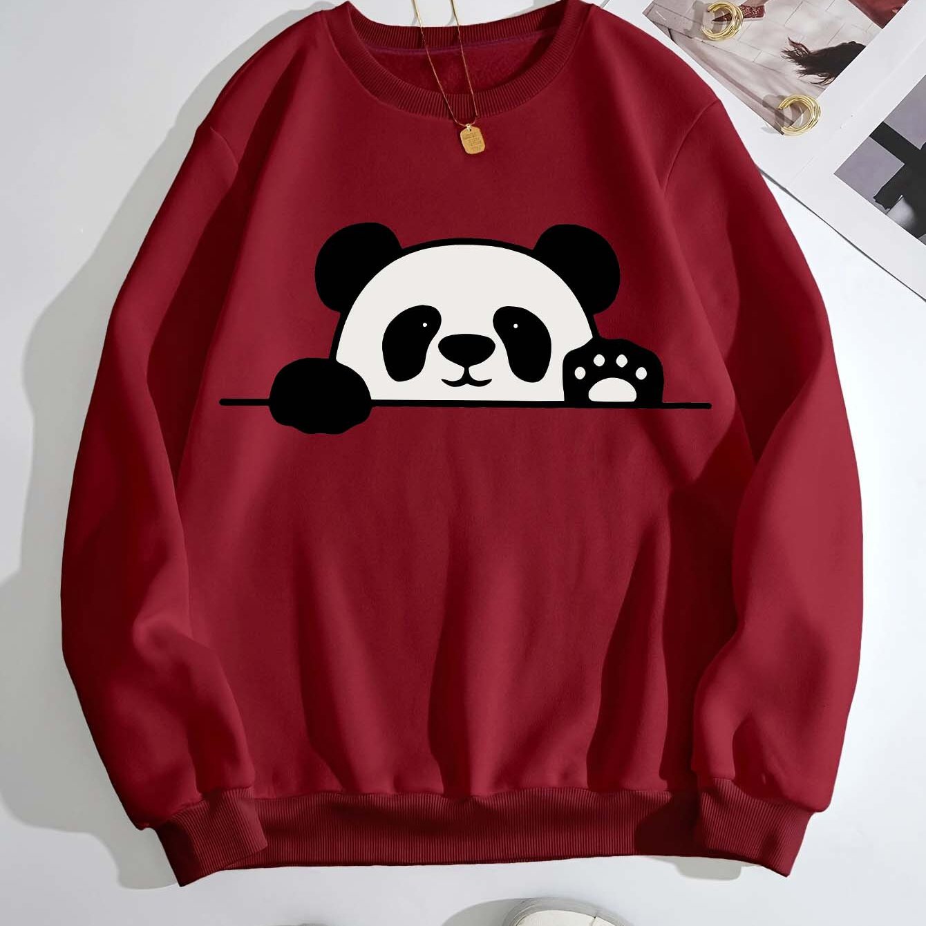 A Casual Sports Sweatshirt With A Simple Panda Print For Women With Long Sleeves And A Round Neck.