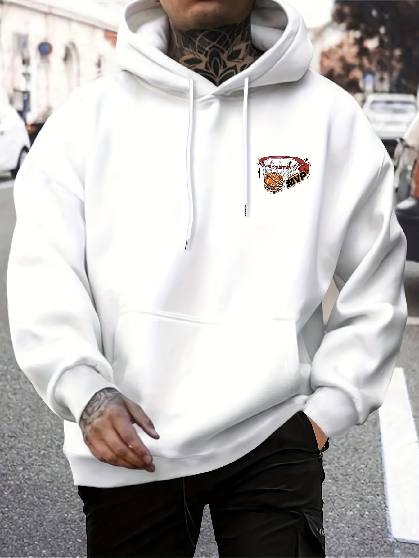 Men's Basketball Print Fleece-Lined Hoodie - Casual & Trendy, Loose Fit with Pockets for Fall/Winter
