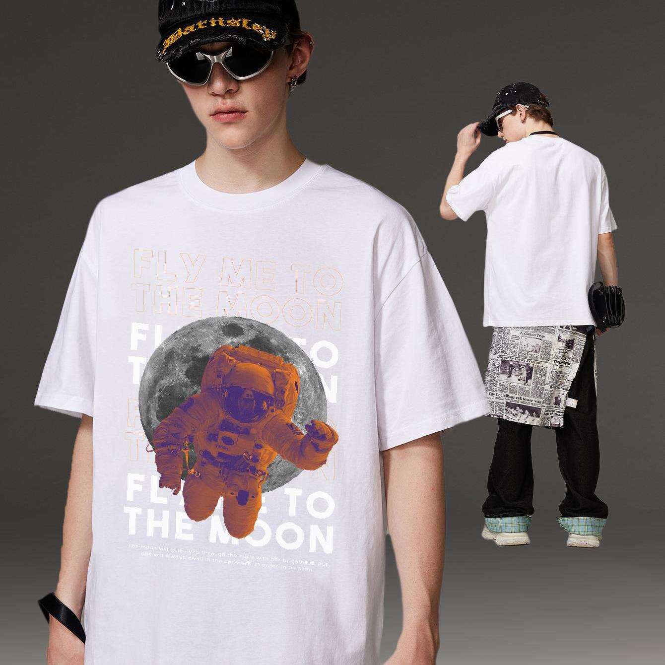 PRIVATHINKER Men's "Fly Me to The Moon" Graphic Tee - 100% Cotton, Oversized & Lightweight, Casual Summer Streetwear with Astronaut & Moon Design, Short Sleeve, Round Neck