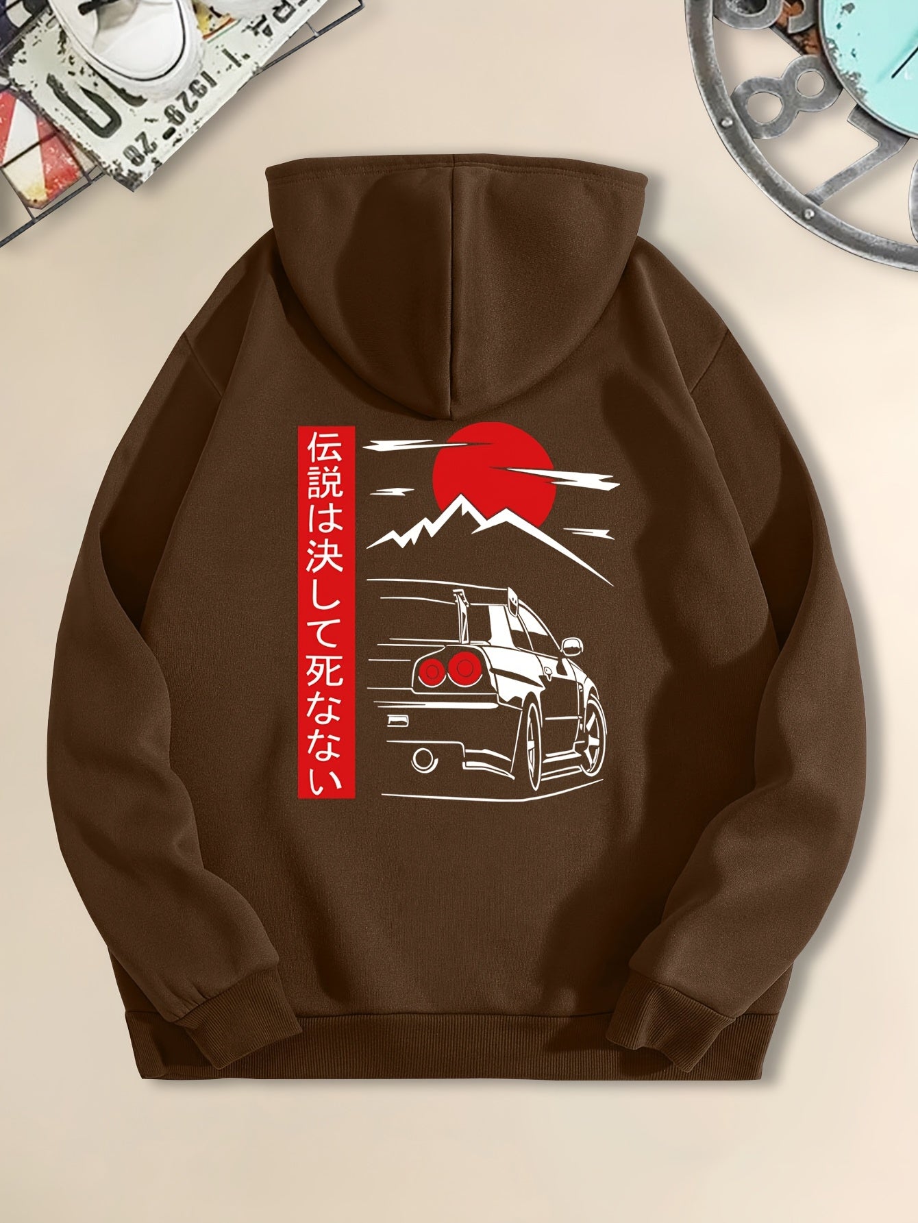 Men's Casual Black Hoodie with Sunset Sports Car Graphic - Cozy Long Sleeve Hooded Sweatshirt, Polyester, Machine Washable for Autumn & Winter, Sweater Hoodie