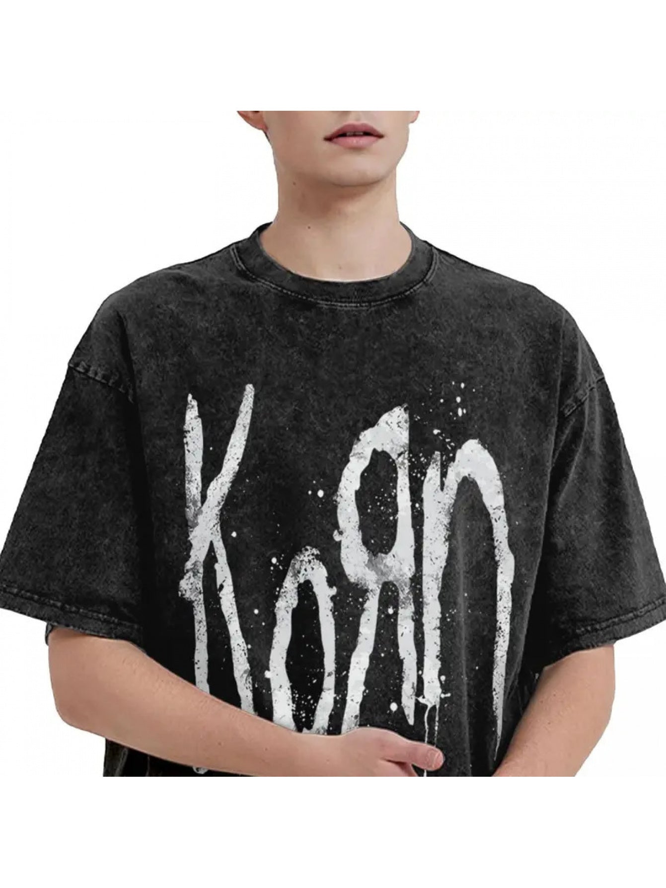 Korn Band Inspired Oversized T-Shirt - 100% Cotton, Black with White Dripping "KON" Print, Short Sleeve, Round Neck - Hip Hop Streetwear for Men & Women