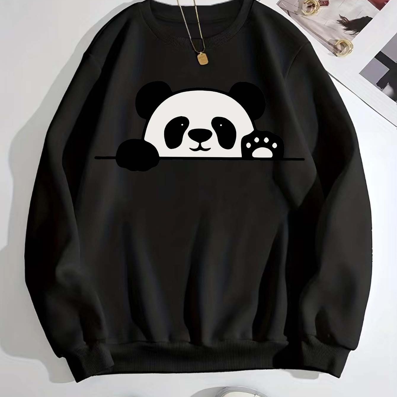 A Casual Sports Sweatshirt With A Simple Panda Print For Women With Long Sleeves And A Round Neck.