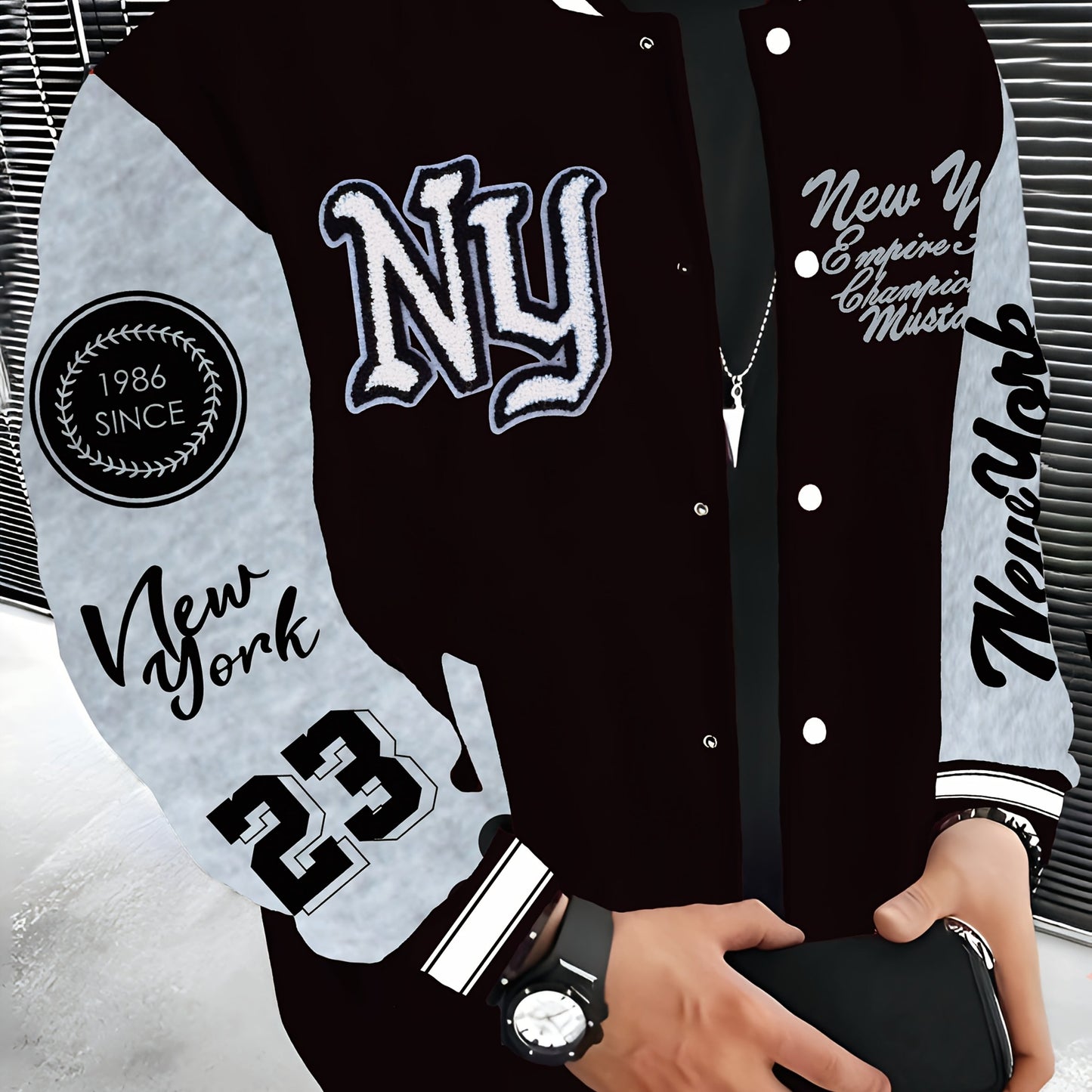 New York Embroidered Varsity Jacket - Men's Casual Fleece-Lined Baseball Coat, Lightweight & Warm for Fall/Winter, Machine Washable, Autumn, Hip Hop, Christmas & New Year, Leisure Style, Leisure Outing Occasion, Conventional