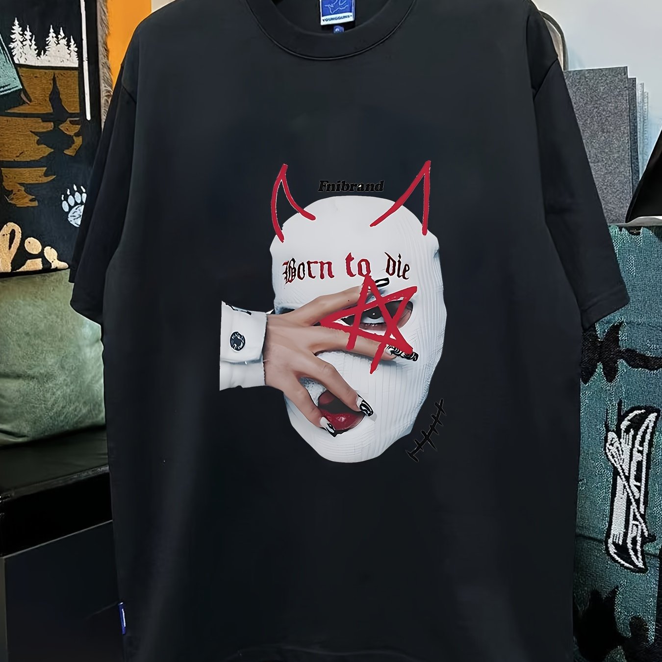 Retro-Inspired "Born to Die" Graphic Cotton Tee for Men - Loose Fit, Drop Shoulder, Short Sleeve with Unique Star and Hand Print Design, Round Neck - Casual Summer Wear