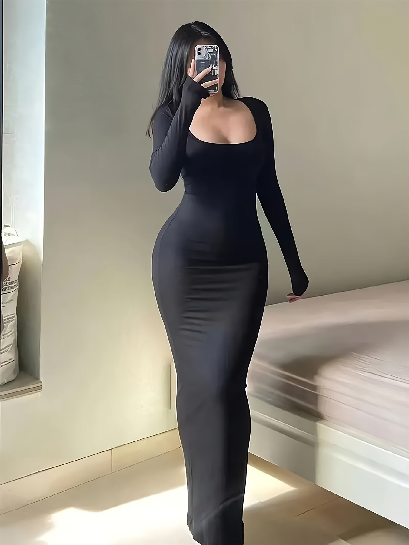 Solid Color Square Neck Dress, Sexy Long Sleeve Bodycon Ankle Length Dress For Spring & Fall, Women's Clothing