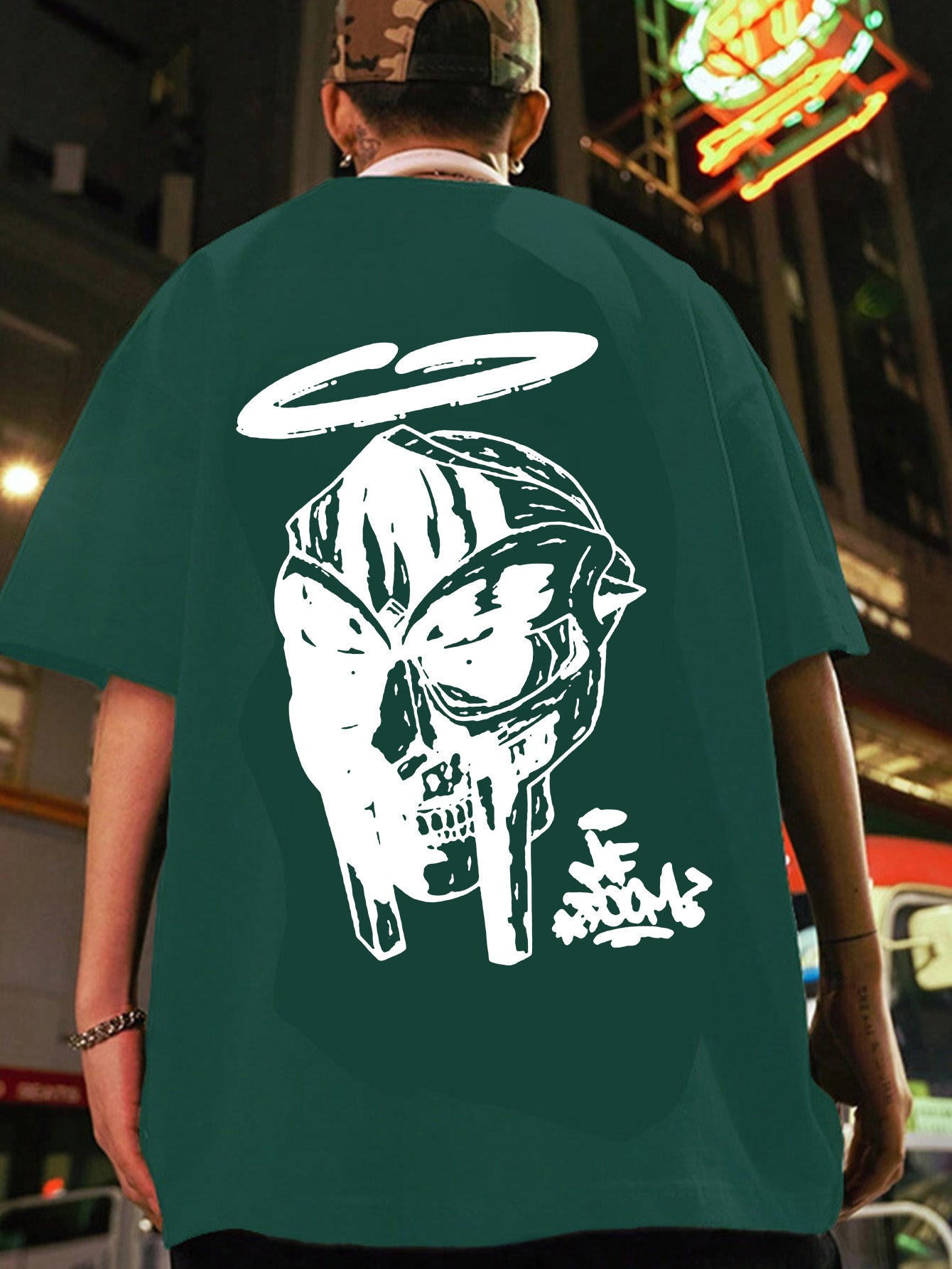 Men's Oversized MF DOOM Mask Graphic Tee - Casual Trendy Summer Black T-Shirt with White Print, 100% Polyester, Machine Washable, Vacation Style, H Version, Leisure Outing Occasion, Summer