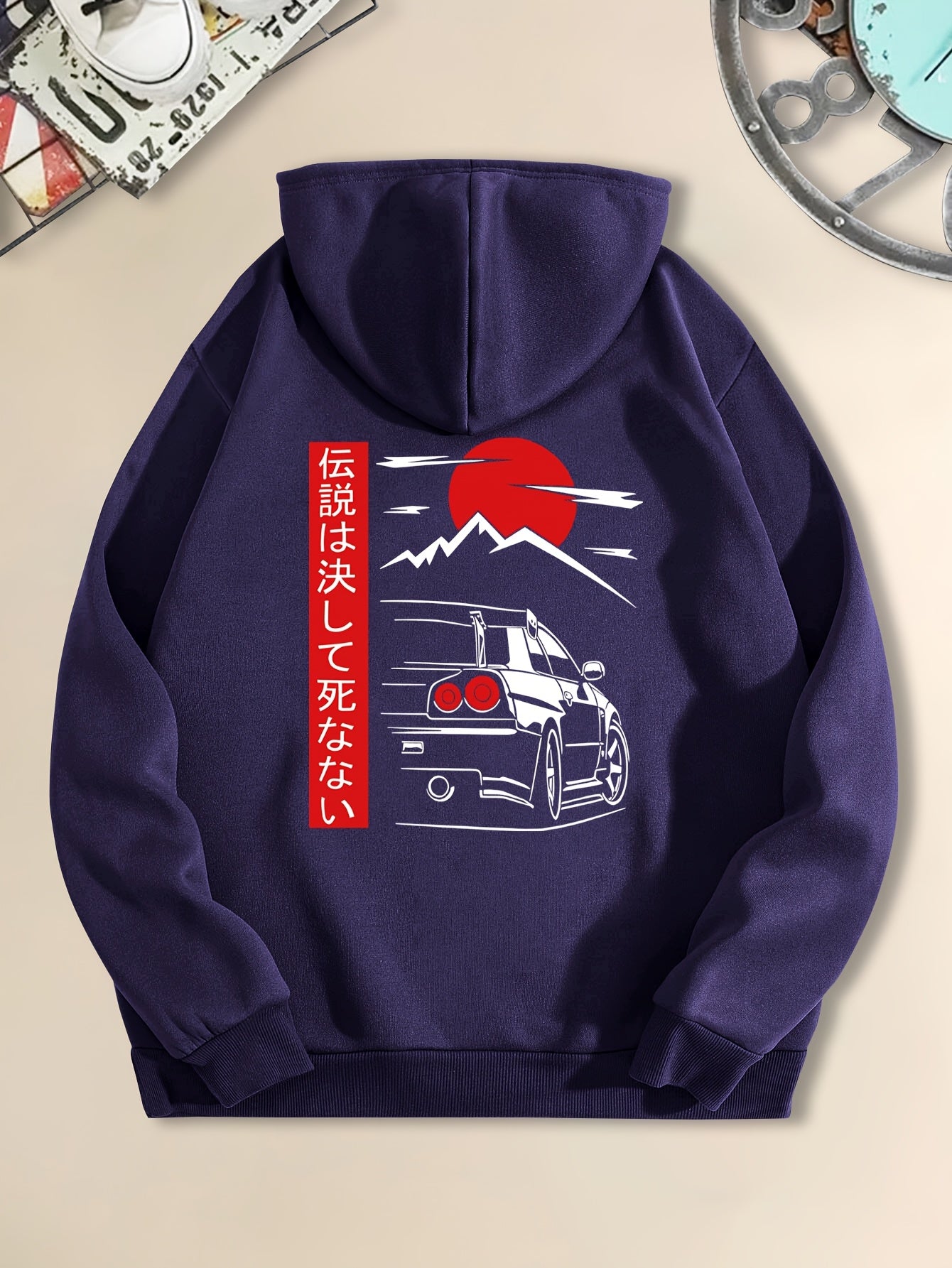 Men's Casual Black Hoodie with Sunset Sports Car Graphic - Cozy Long Sleeve Hooded Sweatshirt, Polyester, Machine Washable for Autumn & Winter, Sweater Hoodie