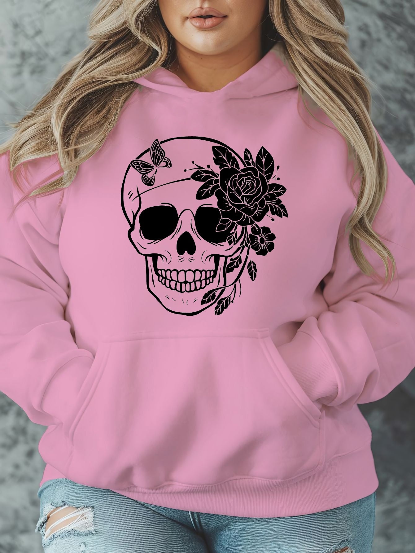 1pc Women'S Plus Size Casual Hoodie with Floral Skull Print, Polyester Knit Sweatshirt, Long Sleeve Pullover with Pockets, Letter Pattern, Round Neck Hooded Top, with Autumn/Winter Fashion