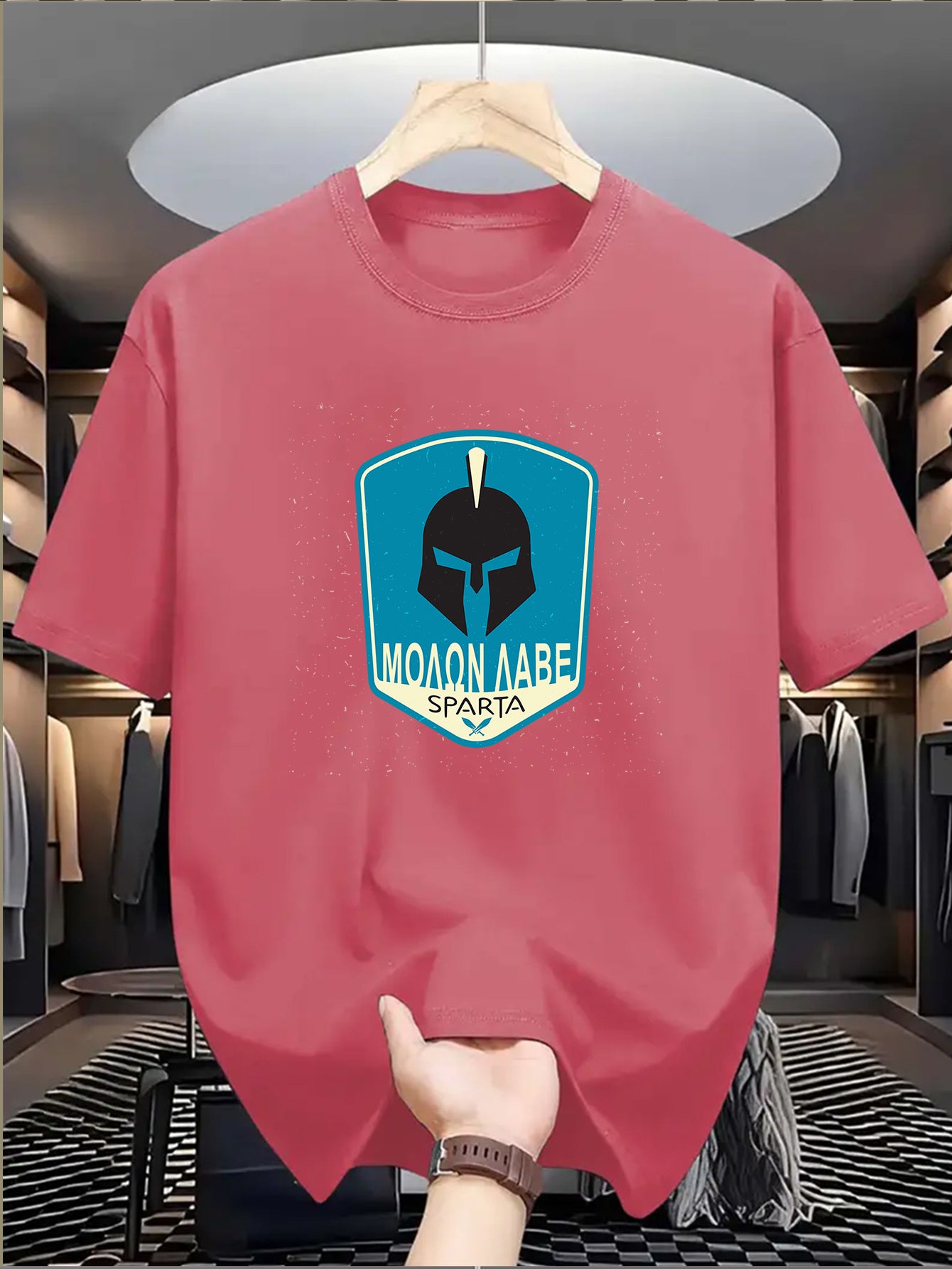 Men's SPARTA Graphic Tee - Beige Crew Neck Short Sleeve T-Shirt with Blue Spartan Helmet Design, 100% Polyester, Casual Summer Wear for Everyday & Special Occasions, Cool Oversized Tee Shirts