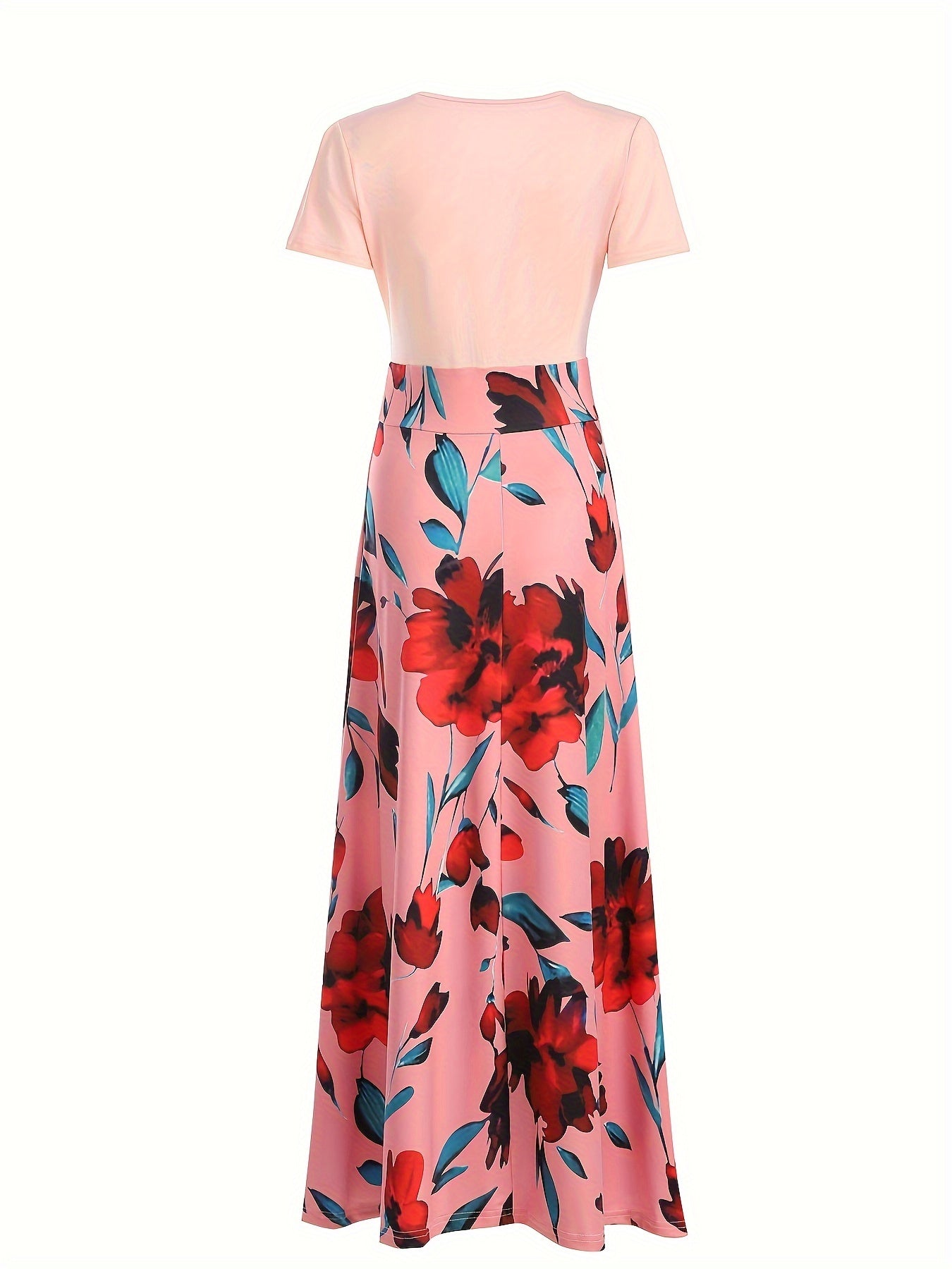 Floral Print Splicing Maxi Dress, Casual Crew Neck Short Sleeve Dress For Spring & Summer, Women's Clothing