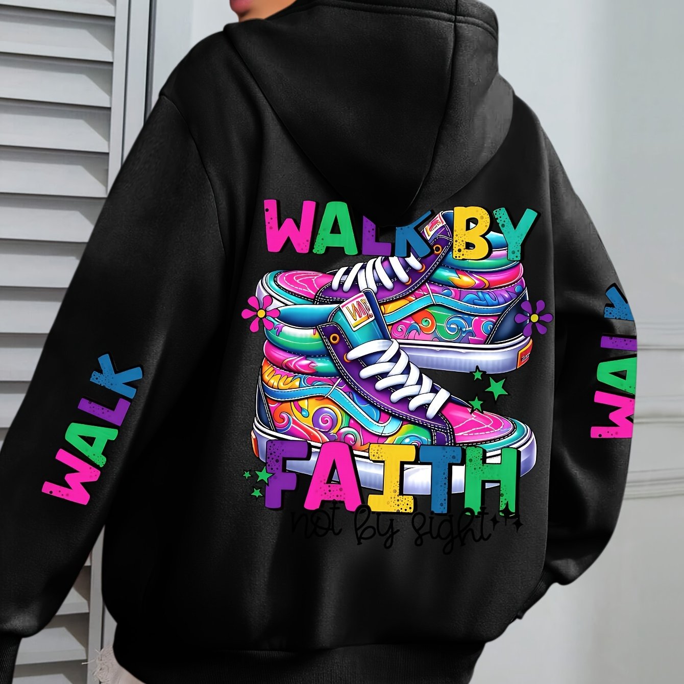 Plus Size Women's Hoodie with Colorful Walk Shoes Print - Casual Long Sleeve Pullover with Pocket, Cozy Polyester Hooded Sweatshirt for Fall & Winter, Fall Fashion Hoodie|Vibrant Shoe Design|Machine Washable Top