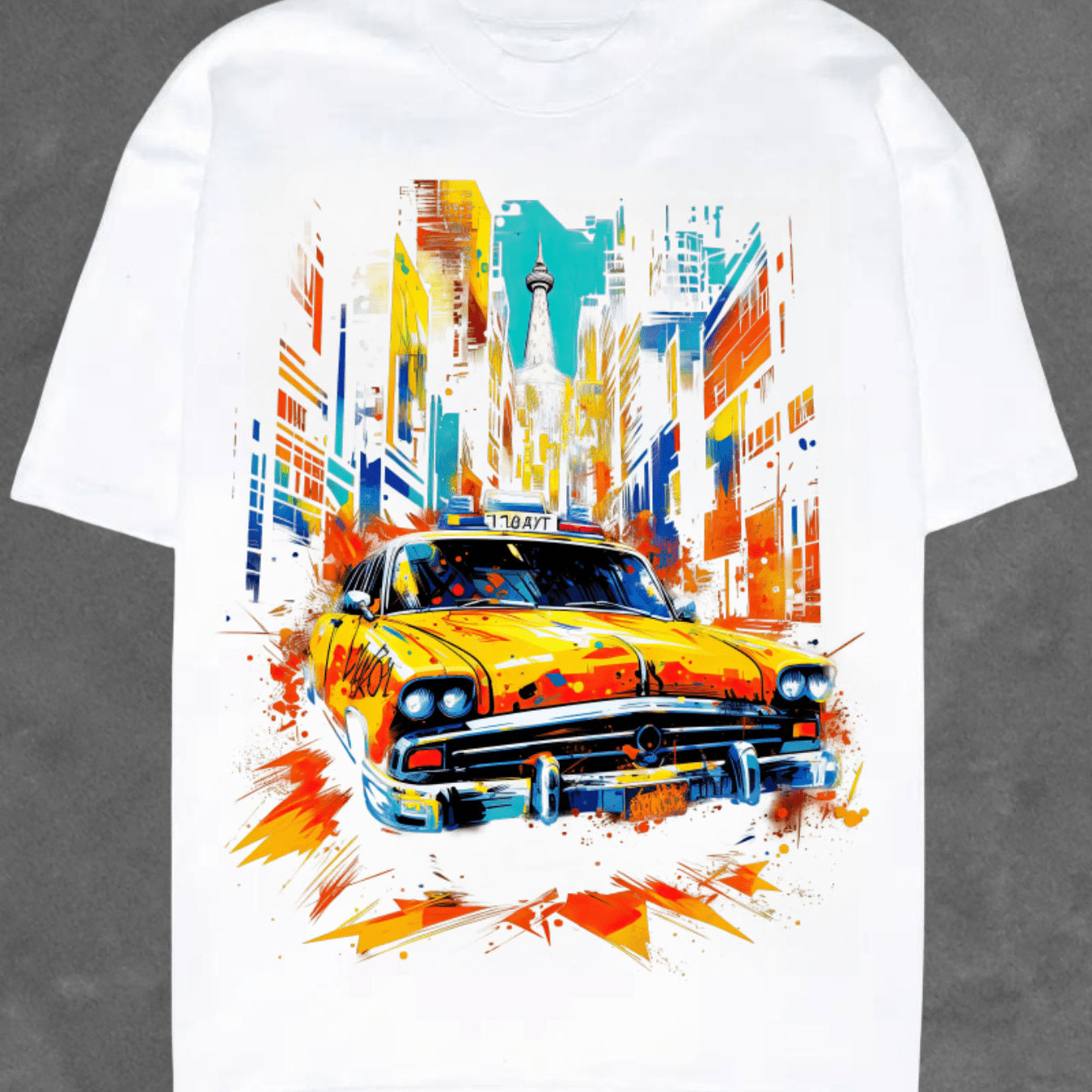 Yellow Taxi In City Blocks Print, Men's Novel Graphic Design T-shirt, Leisure Comfy Tees For Summer, Men's Clothing Tops For Daily Activities