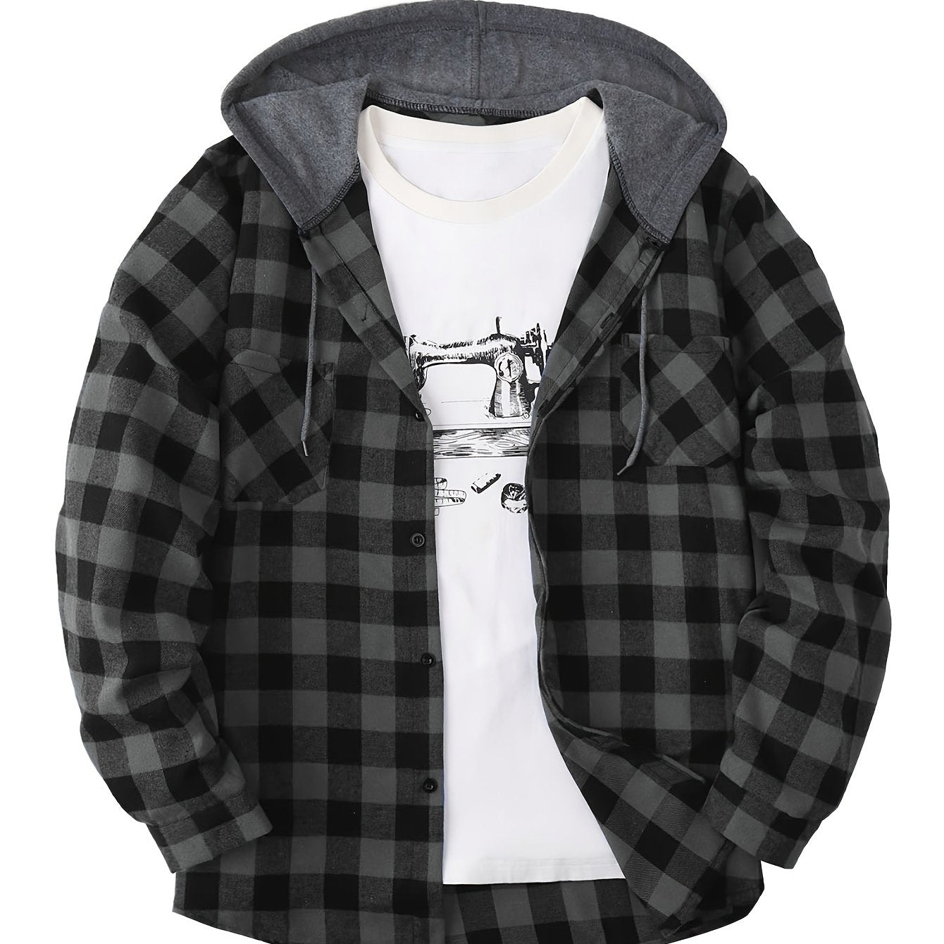 Fashionable Design Men's Plaid Pattern Hooded Long Sleeve And Button Up Shirt Jacket With Pockets, Chic And Trendy Hoodie Jacket For Outdoors Leisurewear