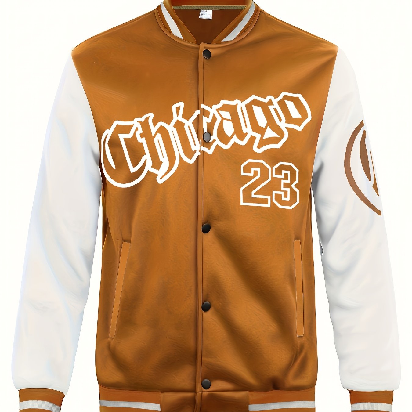 Men'S Casual Fashion Baseball Jacket, 100% Polyester Knit Fabric with Slight Stretch, Crew Neck, Button Closure, Alphabet Pattern, Regular Fit with Pockets, Polyester Lined