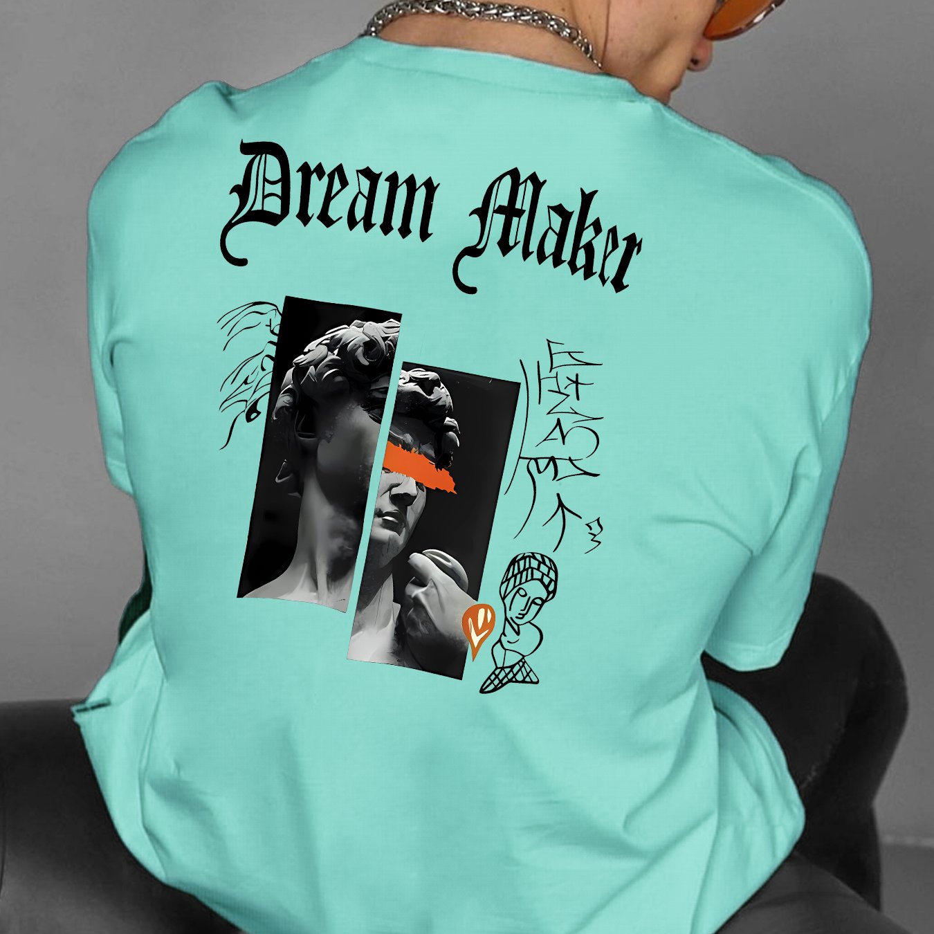 " Dream Maker "Creative Print Casual Novelty T-Shirt For Men, Short Sleeve Summer& Spring Top, Comfort Fit, Stylish Streetwear Crew Neck Tee For Daily Wear