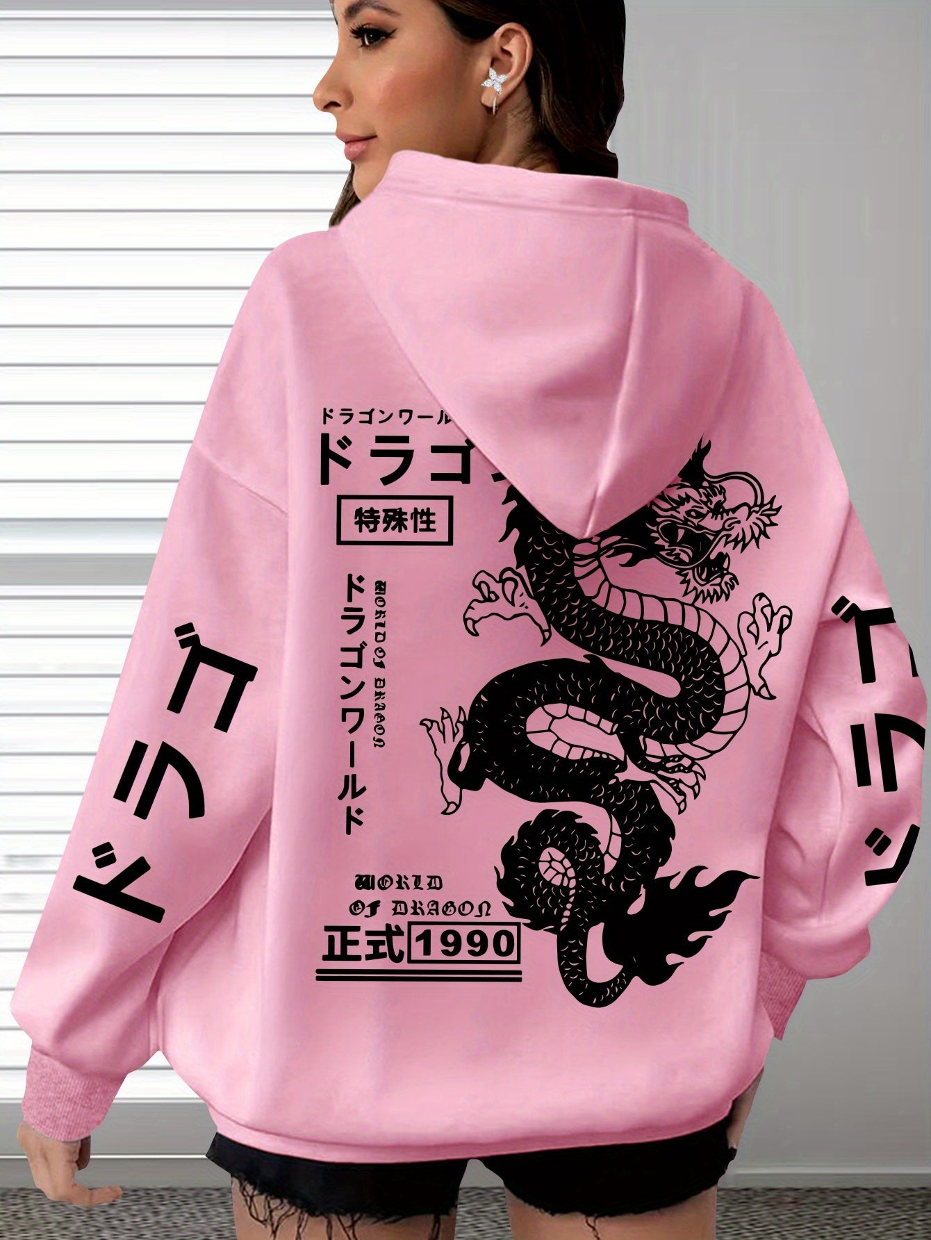 Women's Plus Size Casual Hoodie with Dragon & Letter Print - Cozy Knit, Long Sleeve, Drawstring Pullover