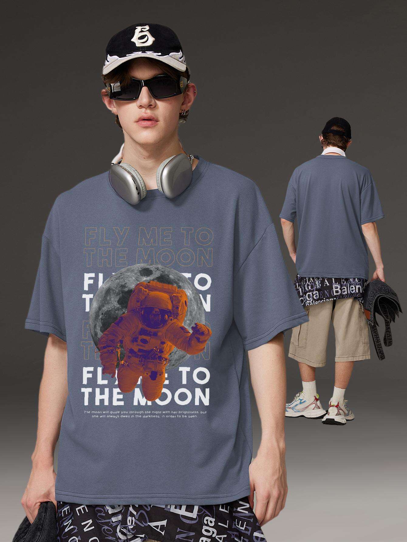 PRIVATHINKER Men's "Fly Me to The Moon" Graphic Tee - 100% Cotton, Oversized & Lightweight, Casual Summer Streetwear with Astronaut & Moon Design, Short Sleeve, Round Neck