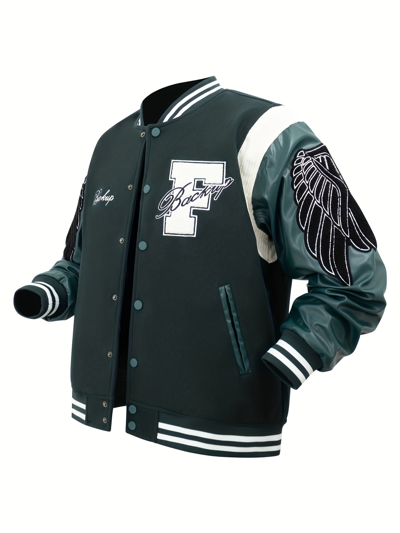 Men's Letter Double-wing Embroidery Varisty Jackets Vintage Long Sleeve PU Leather Patchwork Baseball Coats for Autumn&Winter