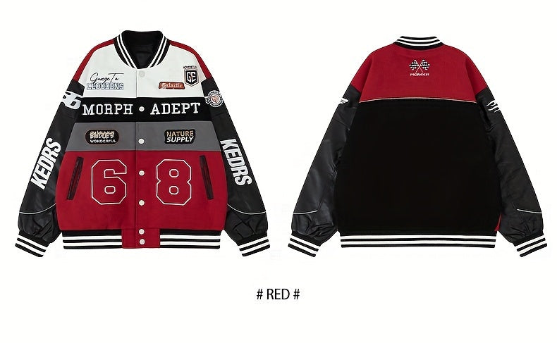 Men'S Daily Patchwork Polyester Varsity Jacket Stylish Retro Embroidered Long Sleeve Baseball Coats Casual Unisex Loose Outdoor Outerwear