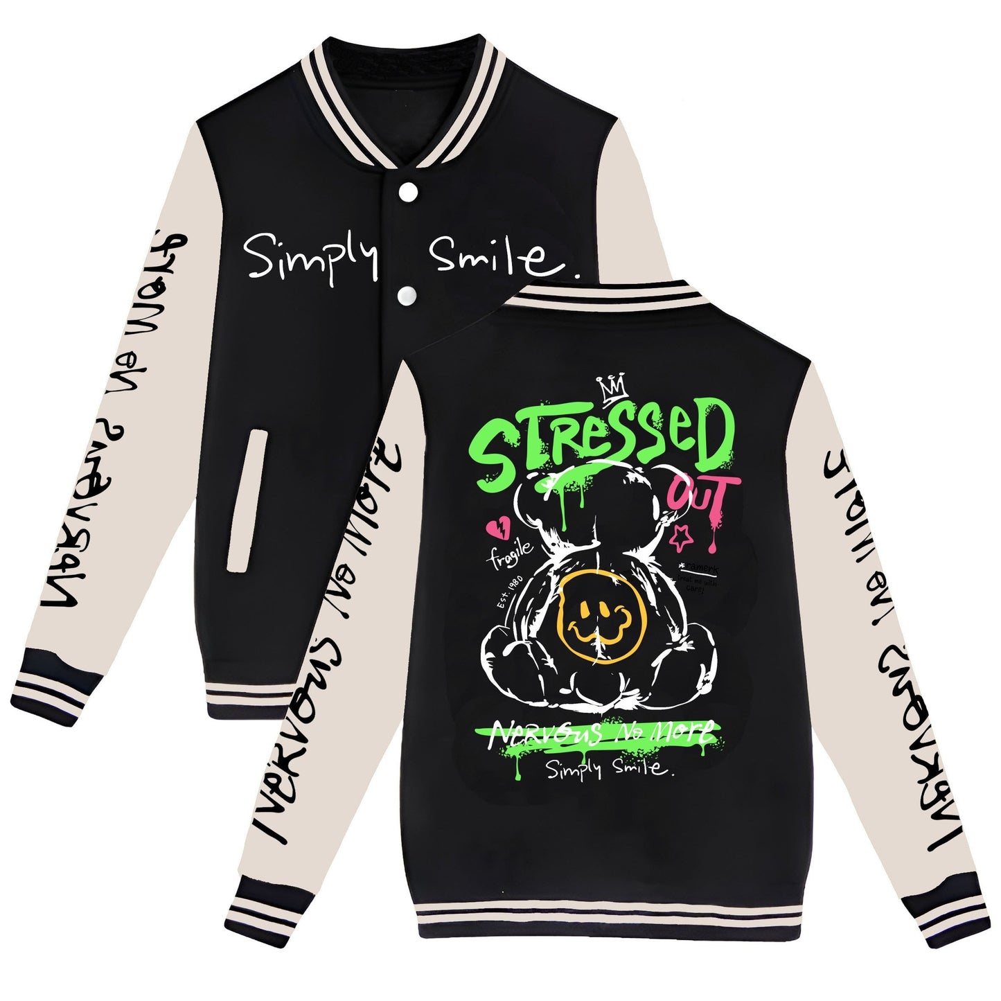 Men's Trendy Bear-Themed Varsity Jacket - Lightweight, Warm Fleece-Lined Baseball Coat with Pockets, Machine Washable