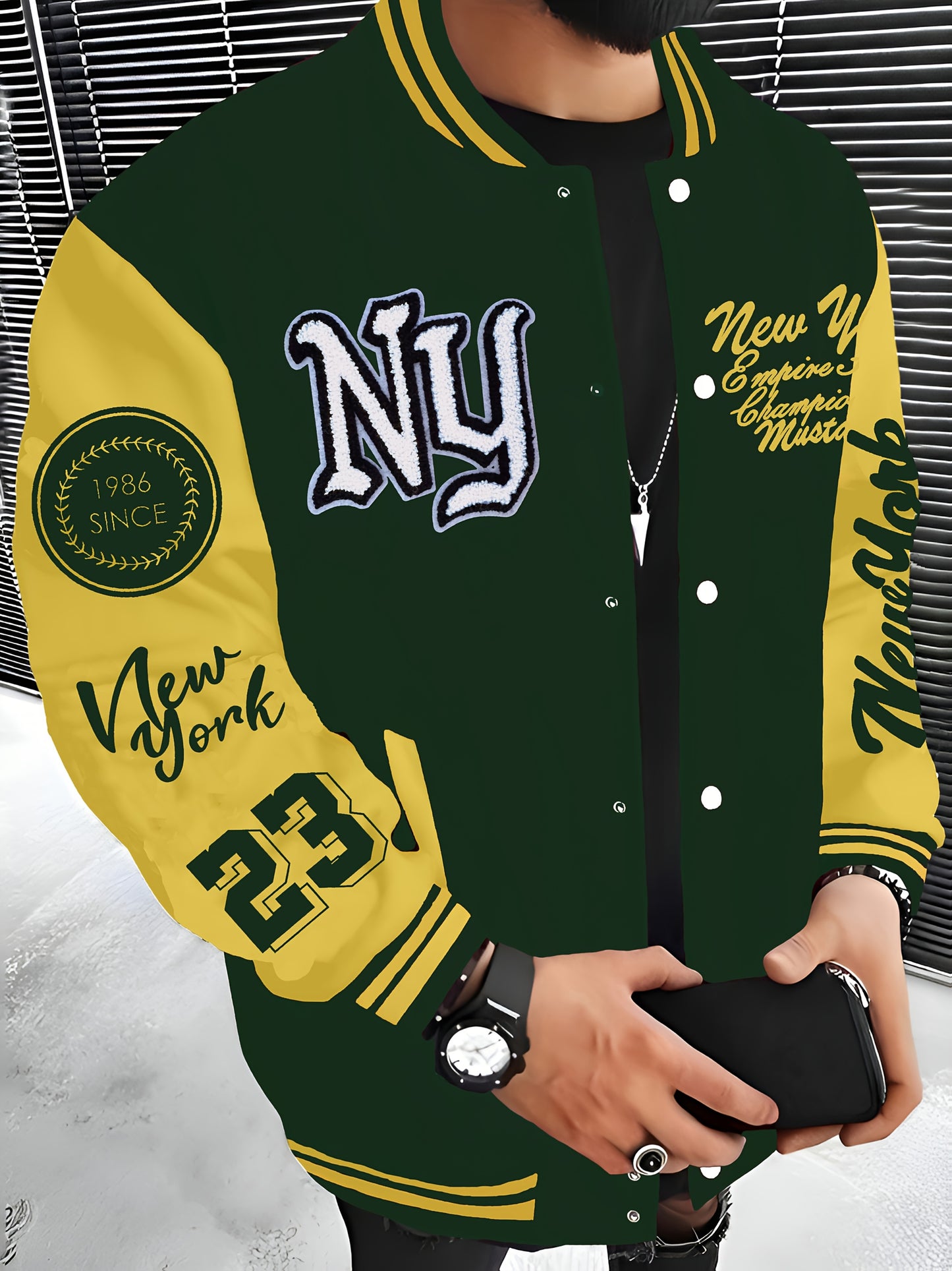 New York Embroidered Varsity Jacket - Men's Casual Fleece-Lined Baseball Coat, Lightweight & Warm for Fall/Winter, Machine Washable, Autumn, Hip Hop, Christmas & New Year, Leisure Style, Leisure Outing Occasion, Conventional