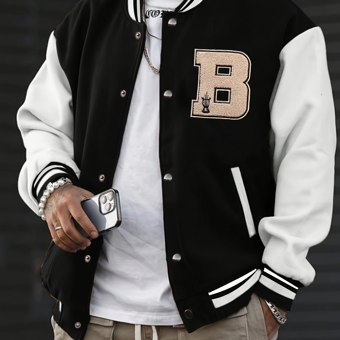 1pc Men'S Casual Polyester Letterman Jacket with Slight Stretch - Knit Fabric Baseball Collar, Button Closure, Regular Fit for Fall/Winter