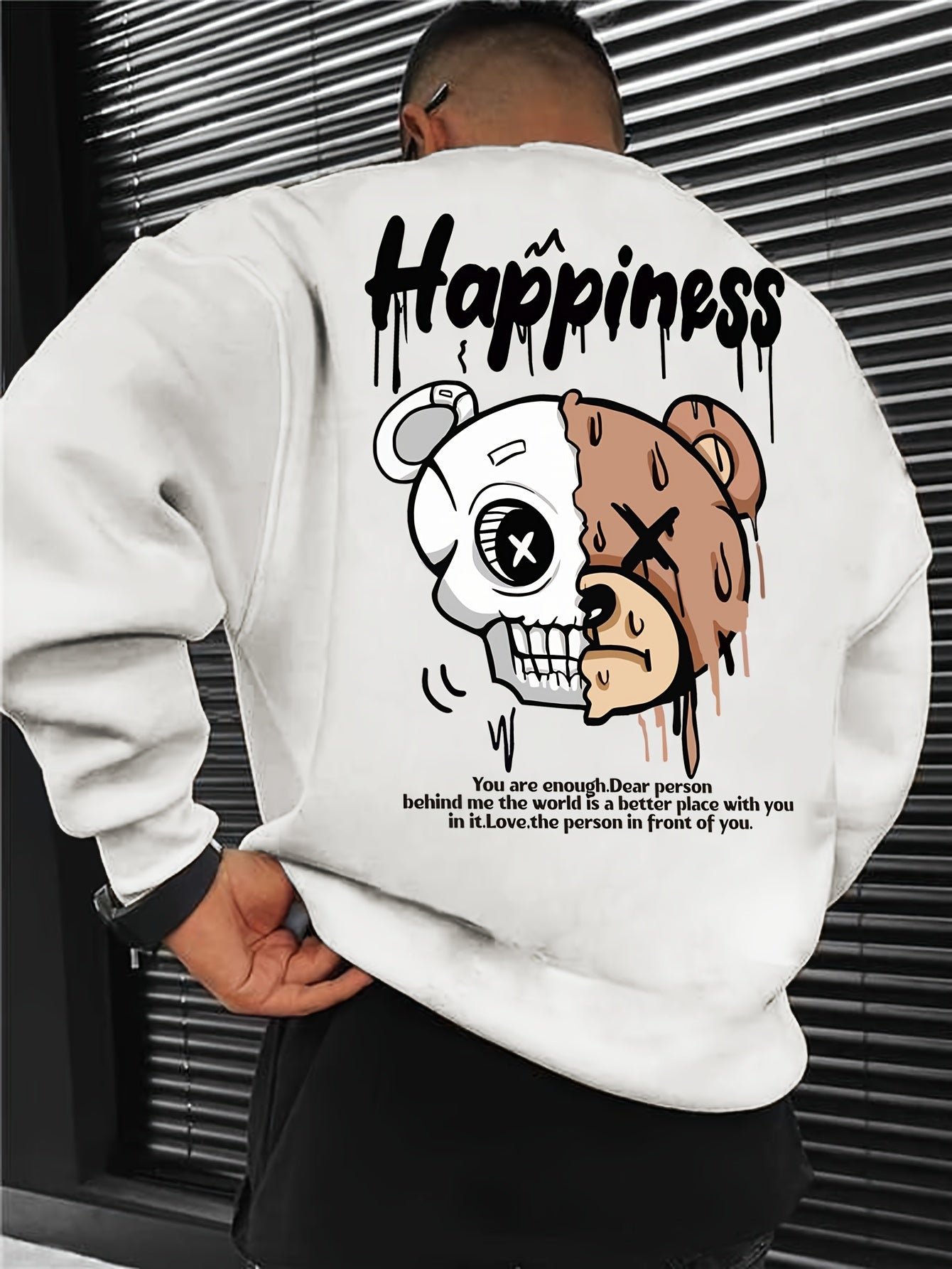 Melted Skull Bear Printed Men's Crew Neck And Long Sleeve Sweatshirt, Casual Style, Breathable, Comfortable, Stylish Street Fashion Pullover Sweatshirt