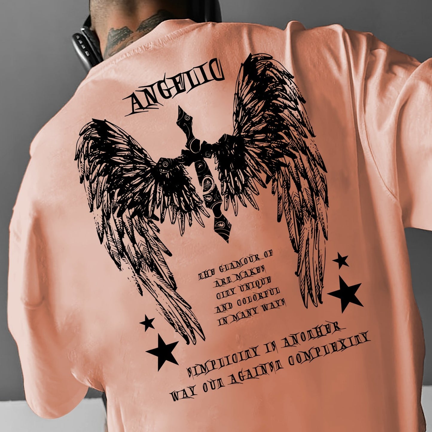 Big Wings Print Men's Casual Athletic T-Shirt, Crew Neck, Knit Fabric, Regular Fit, Breathable Summer Tee