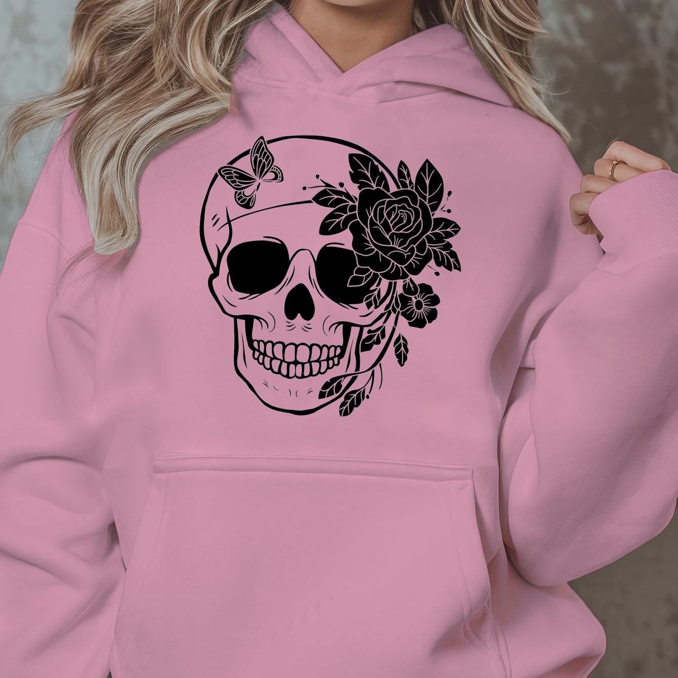 1pc Women'S Plus Size Casual Hoodie with Floral Skull Print, Polyester Knit Sweatshirt, Long Sleeve Pullover with Pockets, Letter Pattern, Round Neck Hooded Top, with Autumn/Winter Fashion