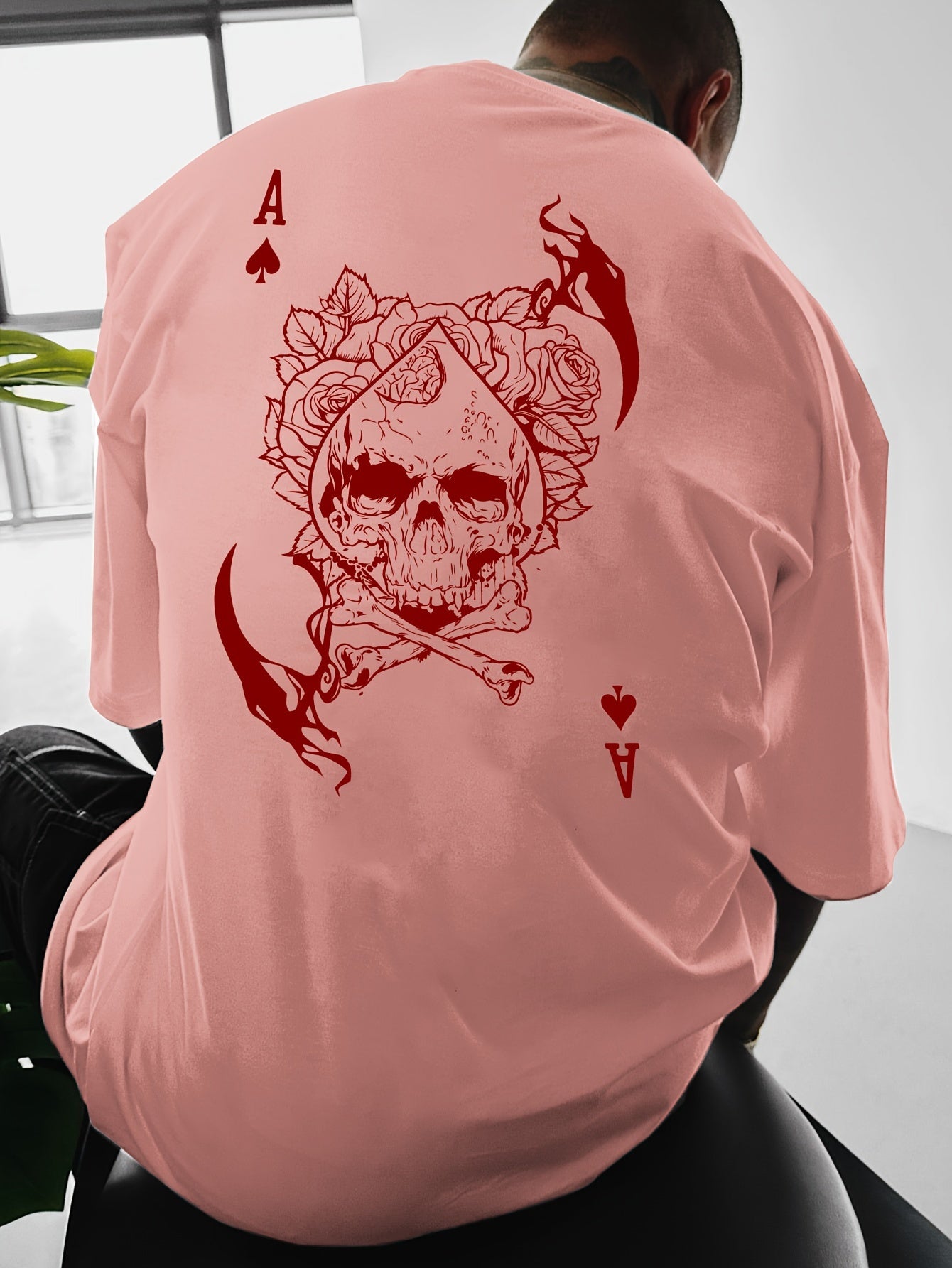 Men's Casual Hip-Hop Street Style Death Skull Ace of Spades Print T-Shirt - Loose Fit, Round Neck, Polyester Knit Fabric, Summer Collection