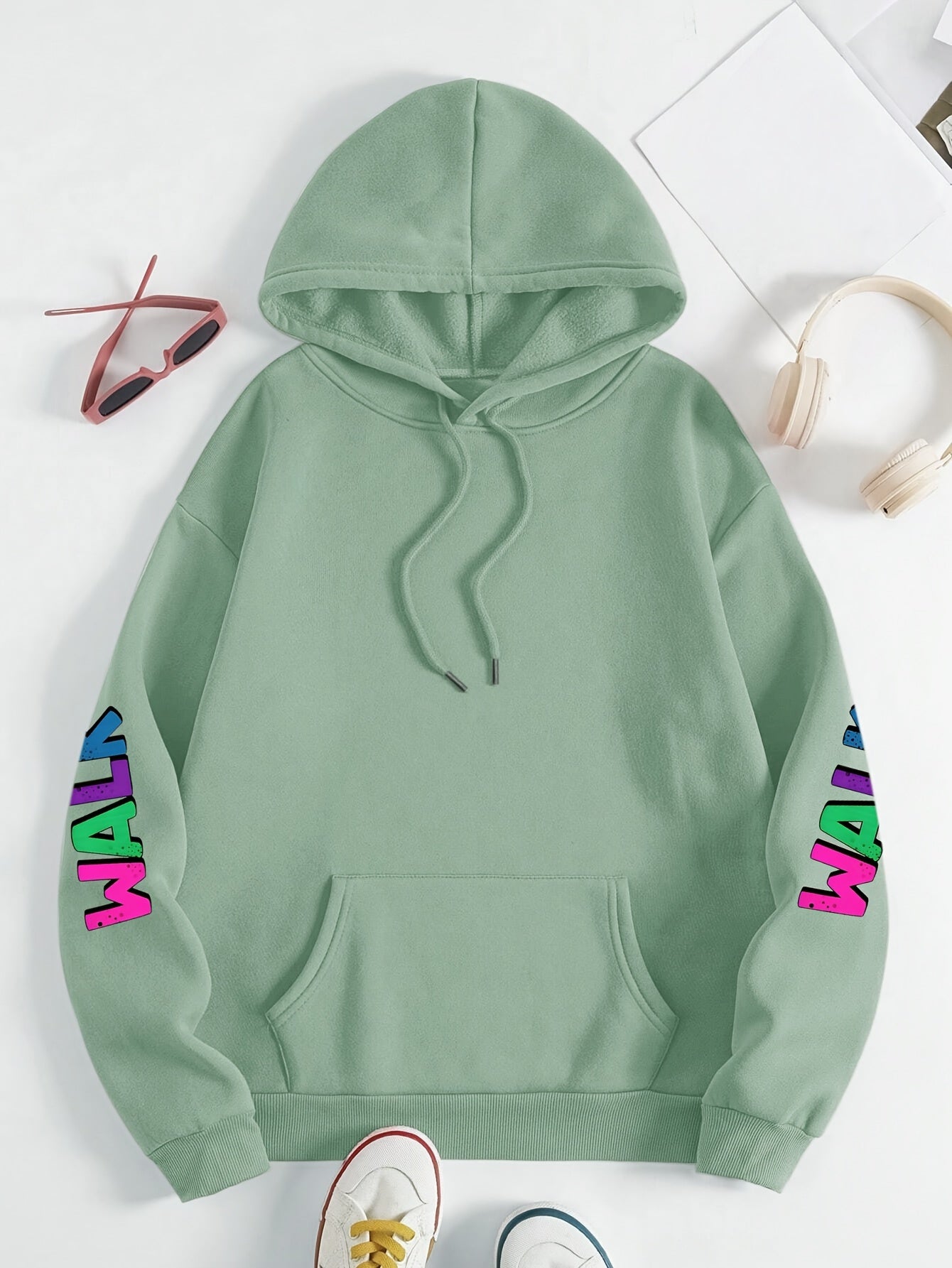 Plus Size Women's Hoodie with Colorful Walk Shoes Print - Casual Long Sleeve Pullover with Pocket, Cozy Polyester Hooded Sweatshirt for Fall & Winter, Fall Fashion Hoodie|Vibrant Shoe Design|Machine Washable Top