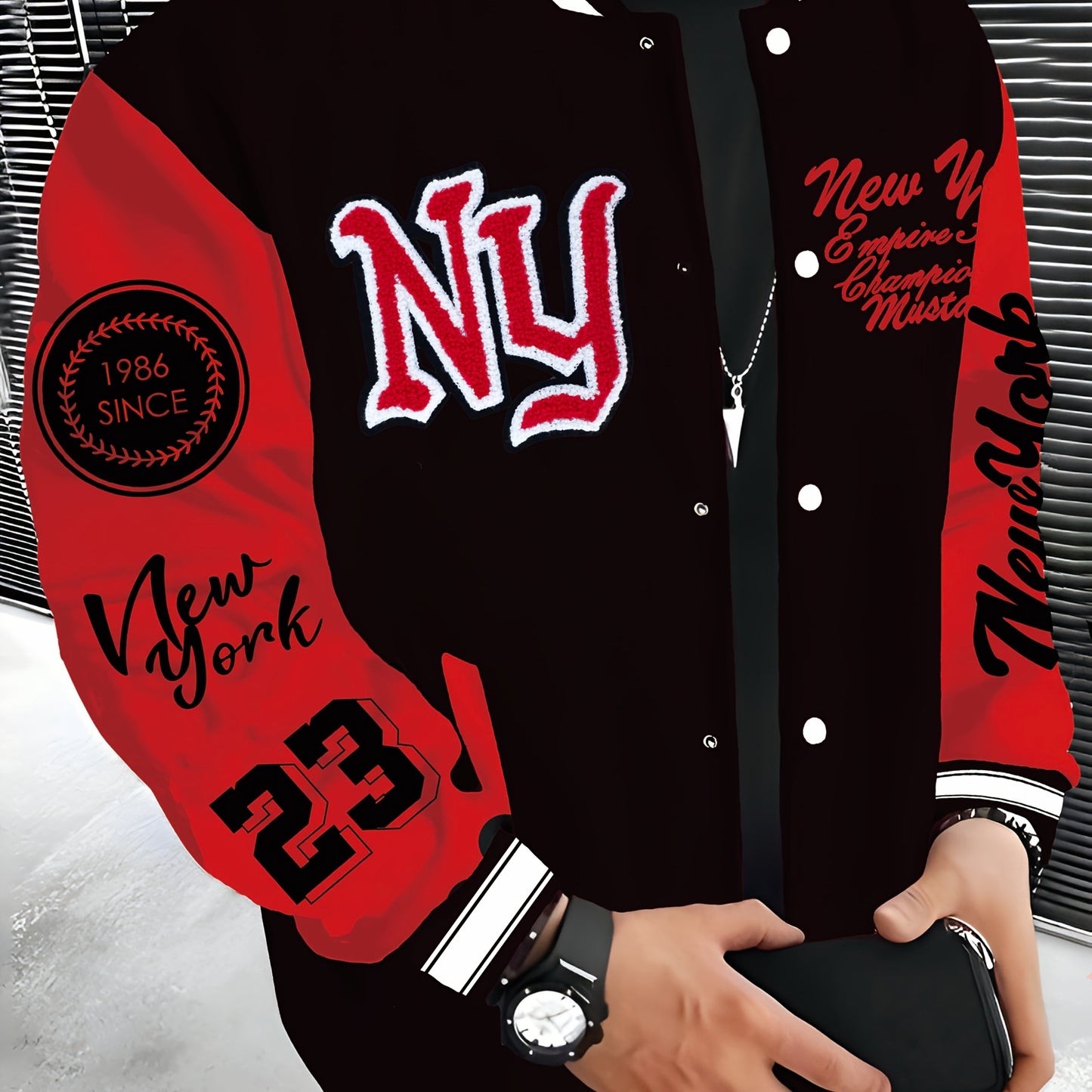 New York Embroidered Varsity Jacket - Men's Casual Fleece-Lined Baseball Coat, Lightweight & Warm for Fall/Winter, Machine Washable, Autumn, Hip Hop, Christmas & New Year, Leisure Style, Leisure Outing Occasion, Conventional