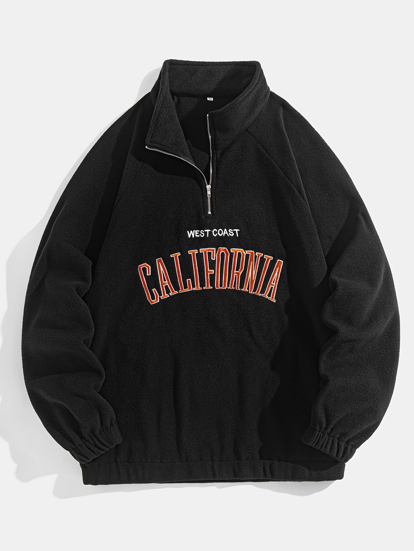 Men's Embroidered Fleece Pullover Sweatshirt with Quarter-Zip Stand Collar - Casual Long Sleeve, Polyester Blend