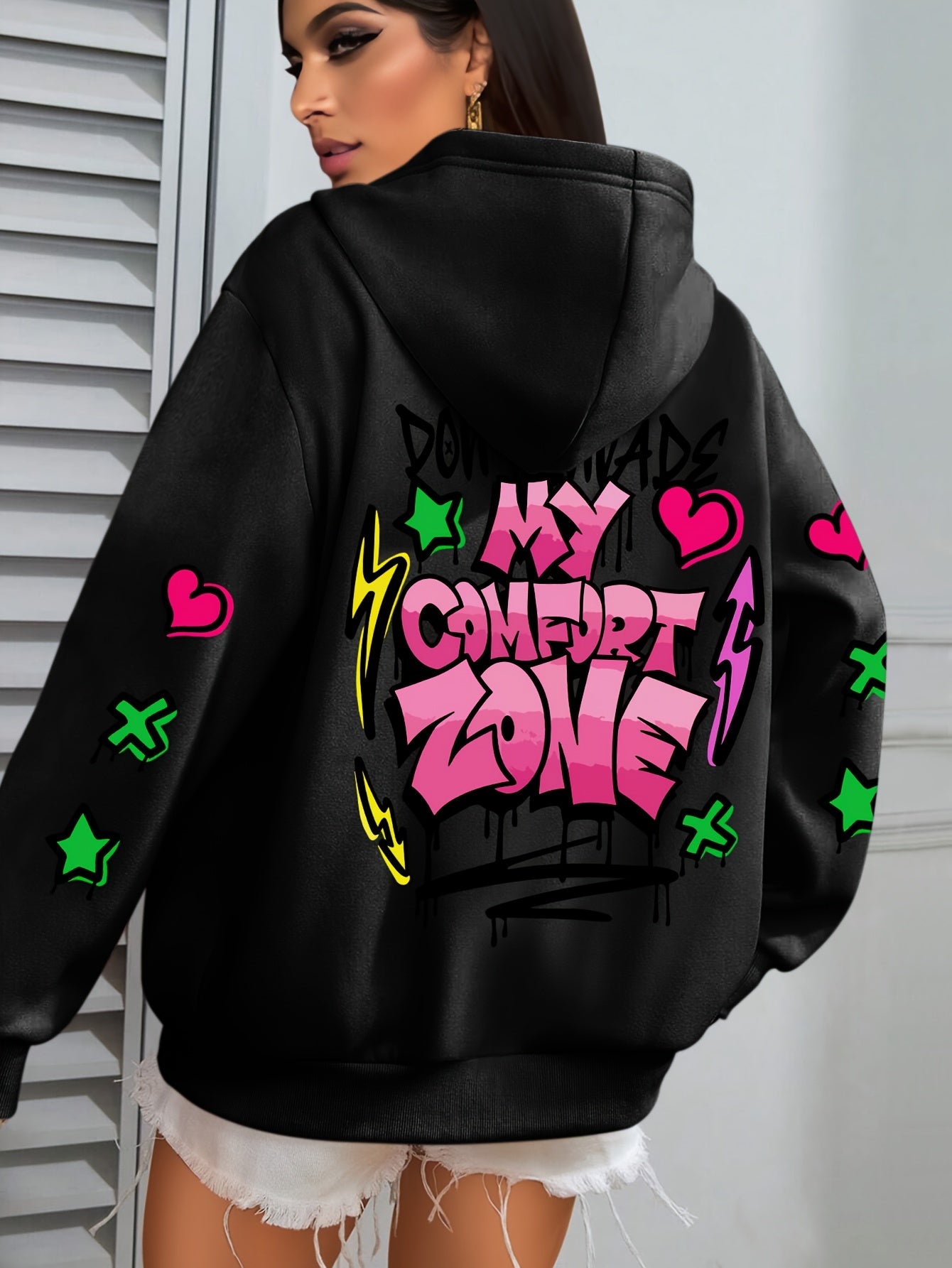 Women's Plus Size Graffiti-Style Hoodie - Casual Long Sleeve with Pocket, Purple "MY COMFORT ZONE" Graphic Hooded Sweatshirt for Fall & Winter, Cozy Pullover | Graffiti Print Hoodie | Fleecelined Comfort, Sweater Hoodie