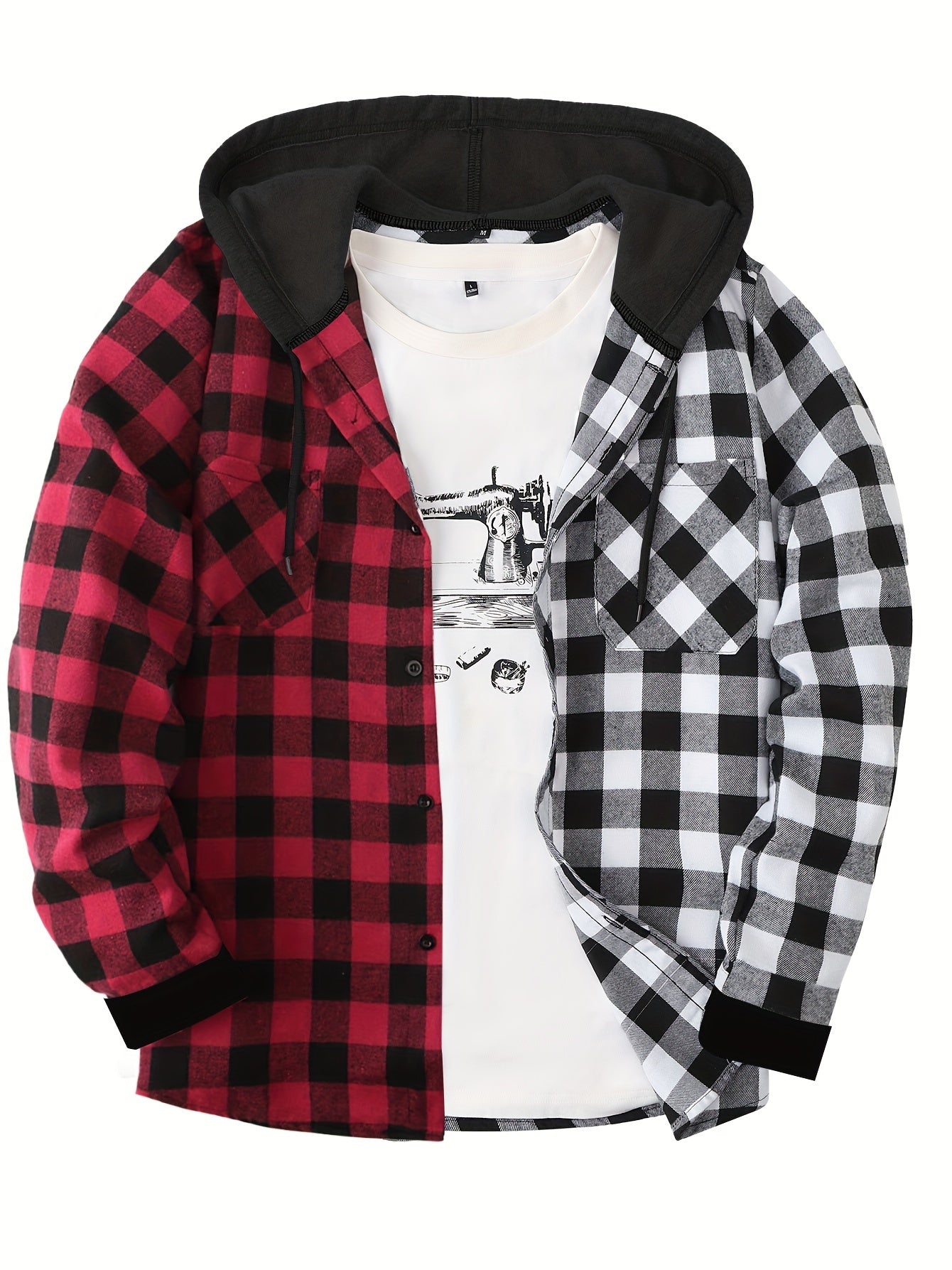 Fashionable Design Men's Plaid Pattern Hooded Long Sleeve And Button Up Shirt Jacket With Pockets, Chic And Trendy Hoodie Jacket For Outdoors Leisurewear