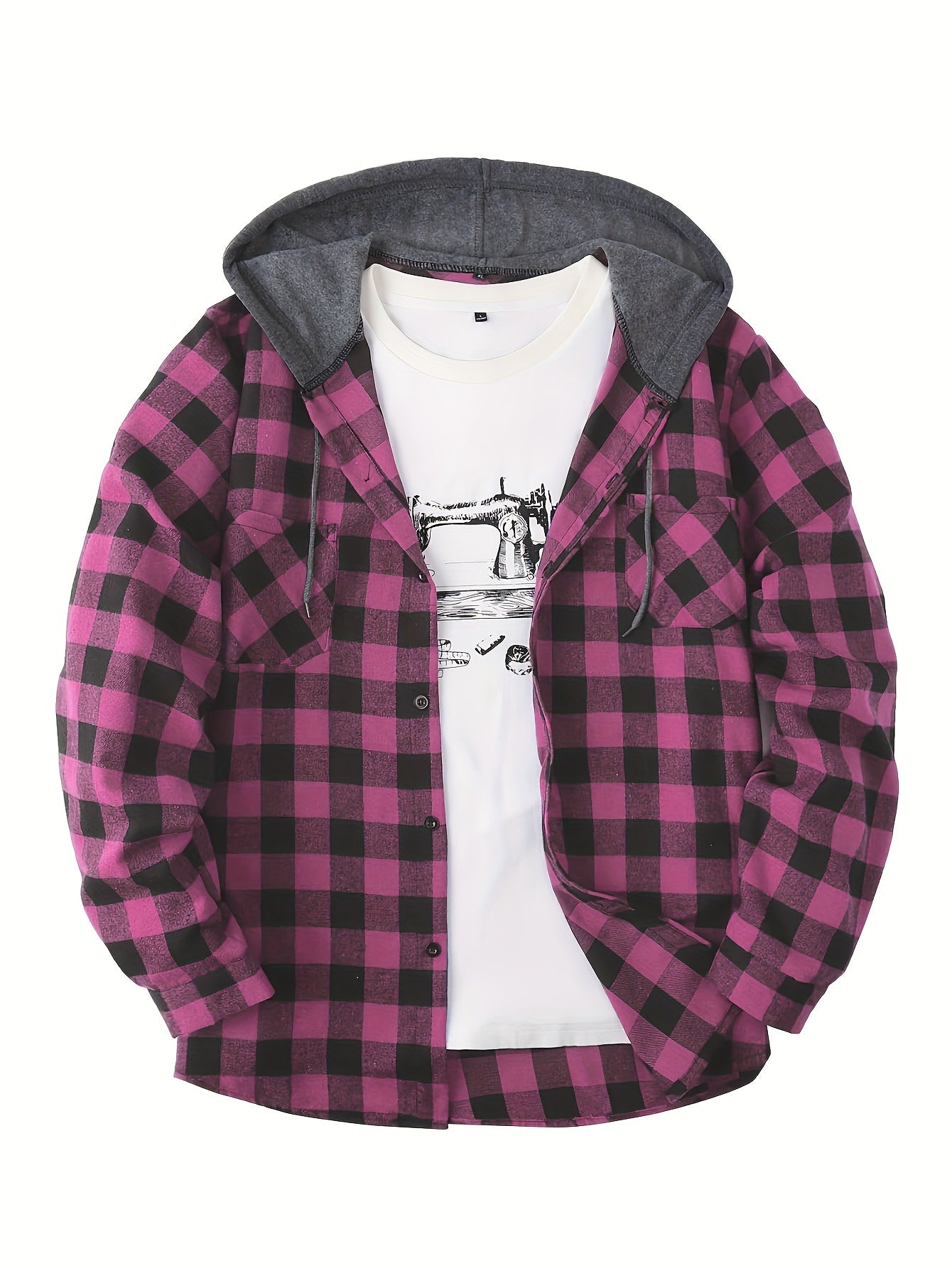 Fashionable Design Men's Plaid Pattern Hooded Long Sleeve And Button Up Shirt Jacket With Pockets, Chic And Trendy Hoodie Jacket For Outdoors Leisurewear