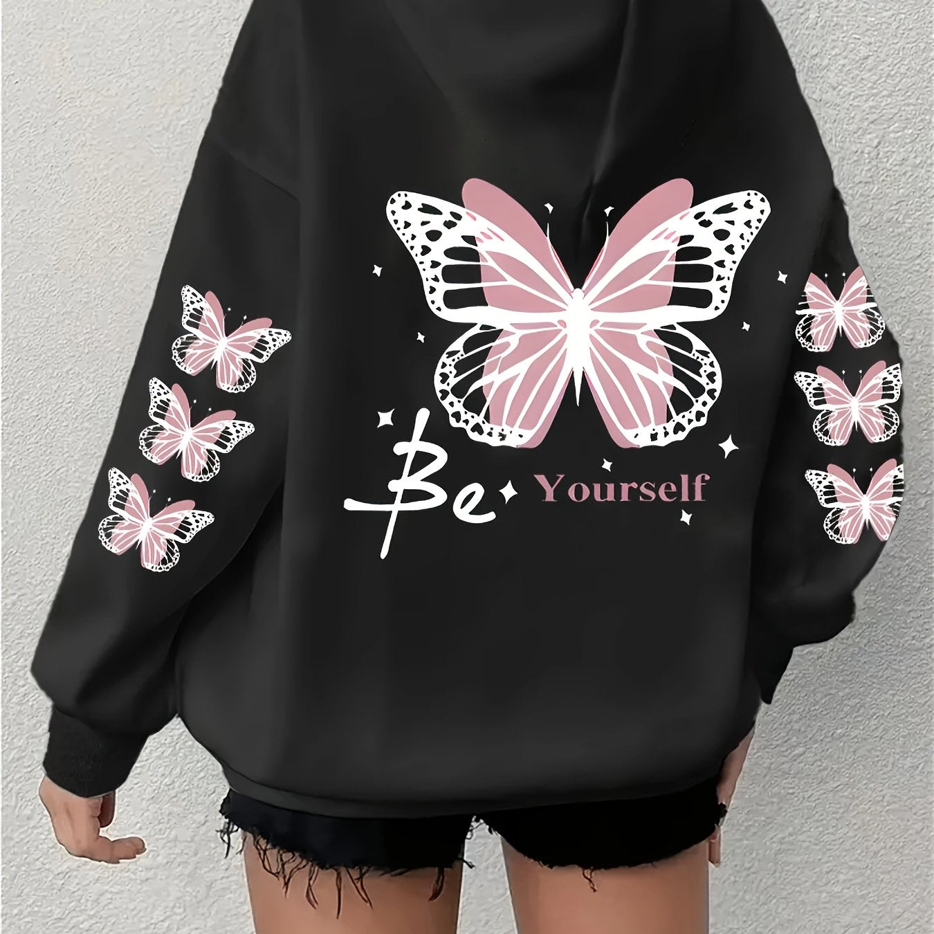 Women's Plus Size Butterfly & Letter Print Hoodie - Casual Long Sleeve Pullover with Pockets, Machine Washable, Extended Version, Sports Shirt